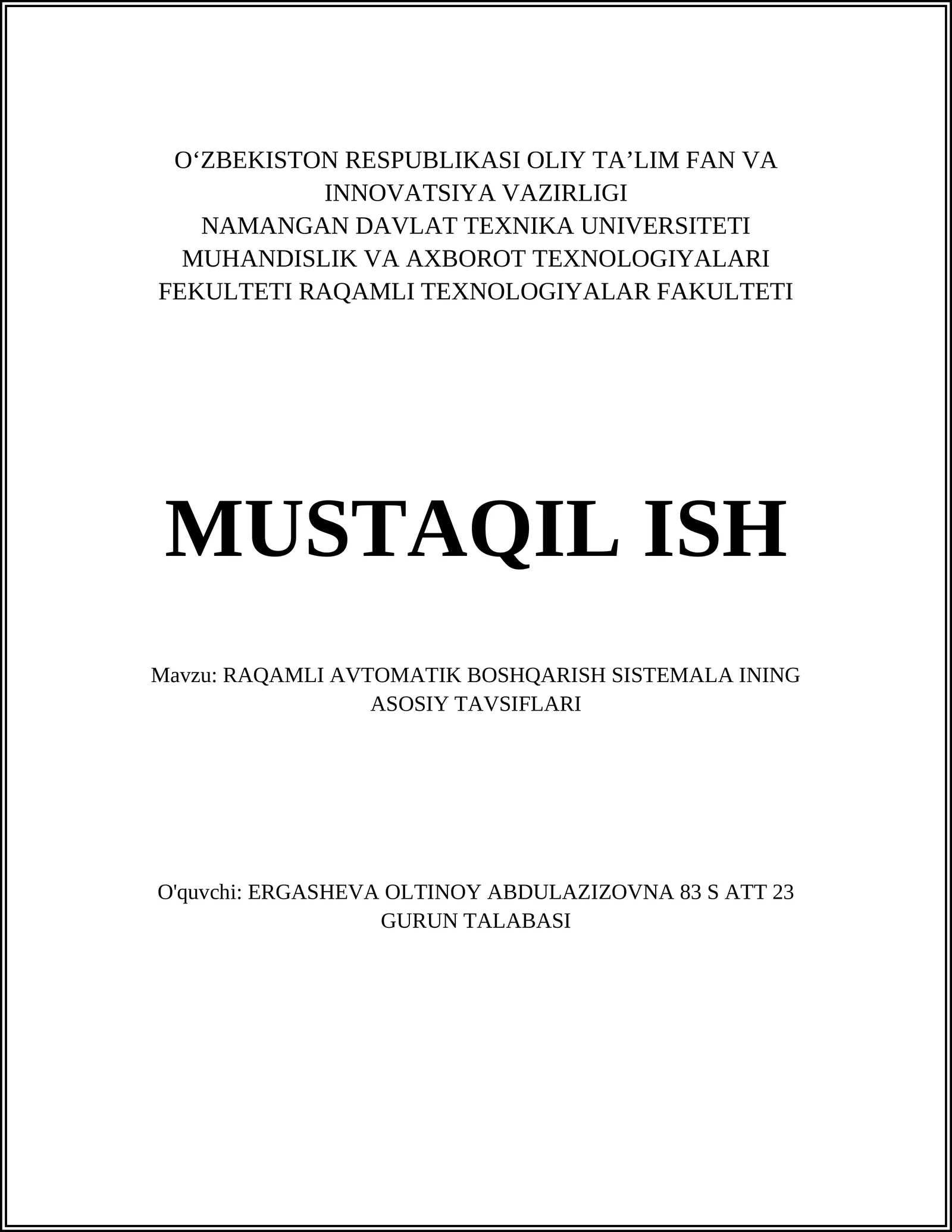 RAQAMLI AVTOMATIK BOSHQARISH SISTEMALA INING ASOSIY TAVSIFLARI 1