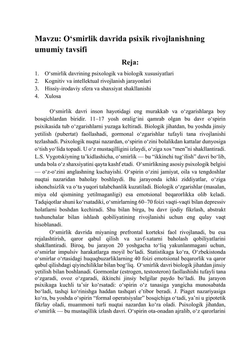O‘smirlik davrida psixik rivojlanishning umumiy tavsifi 1