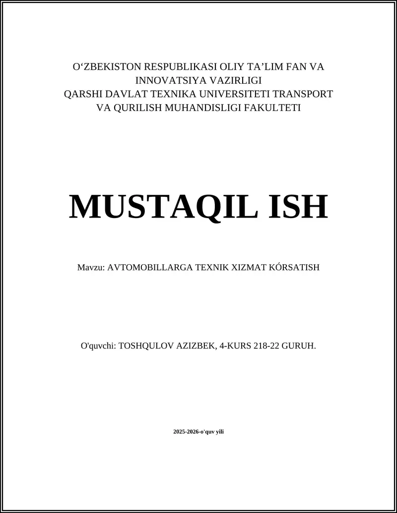 AVTOMOBILLARGA TEXNIK XIZMAT KÓRSATISH 1