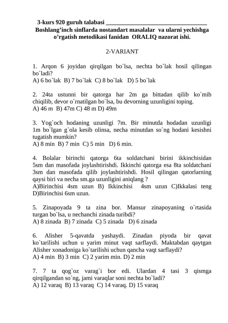 Boshlang’inch sinflarda nostandart masalalar va ularni yechishga o’rgatish metodikasi fanidan ORALIQ nazorat ishi 1