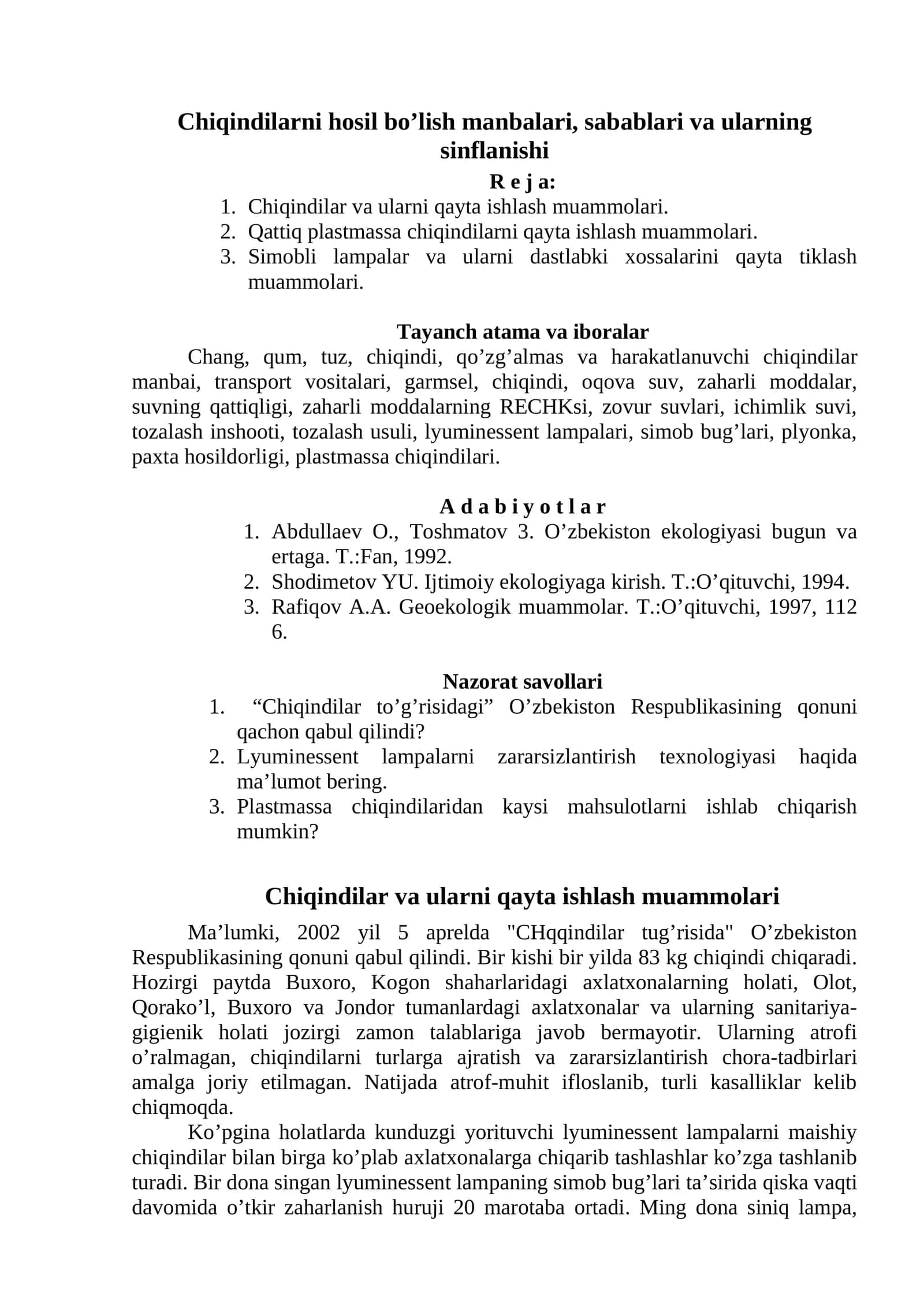 Chiqindilarni hosil bo’lish manbalari, sabablari va ularning sinflanishi 1