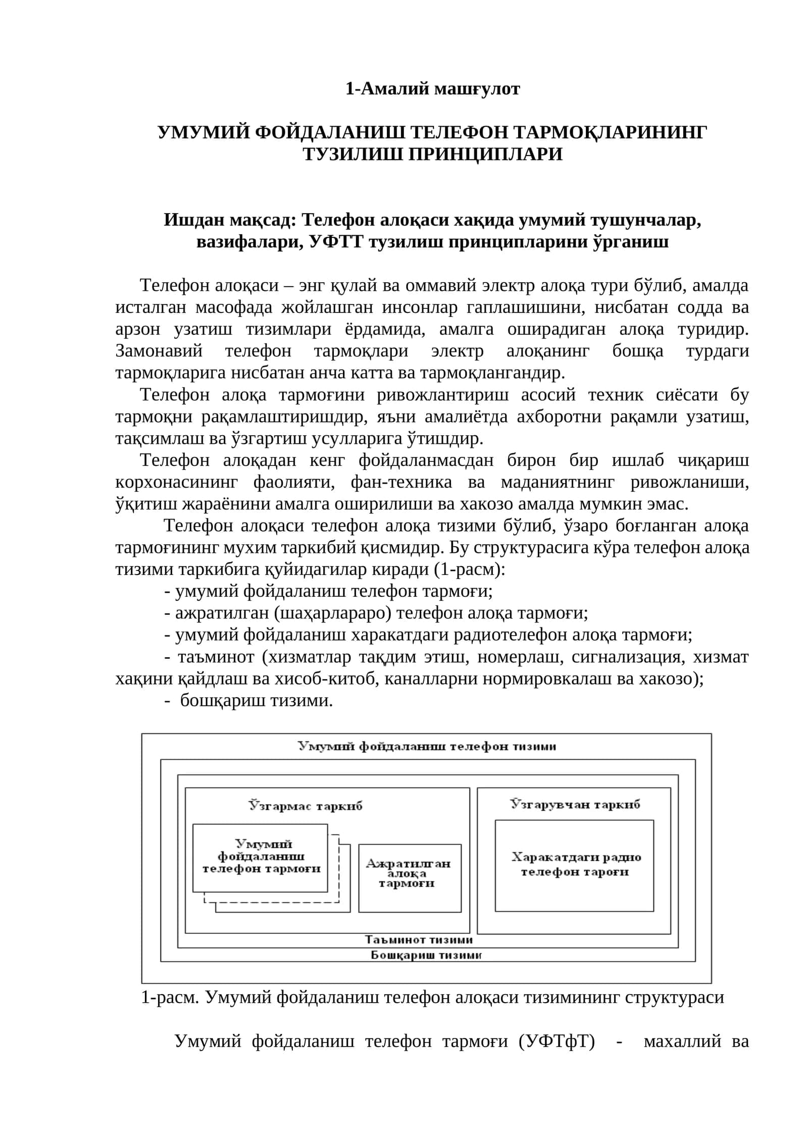 УМУМИЙ ФОЙДАЛАНИШ ТЕЛЕФОН ТАРМОҚЛАРИНИНГ ТУЗИЛИШ ПРИНЦИПЛАРИ 1
