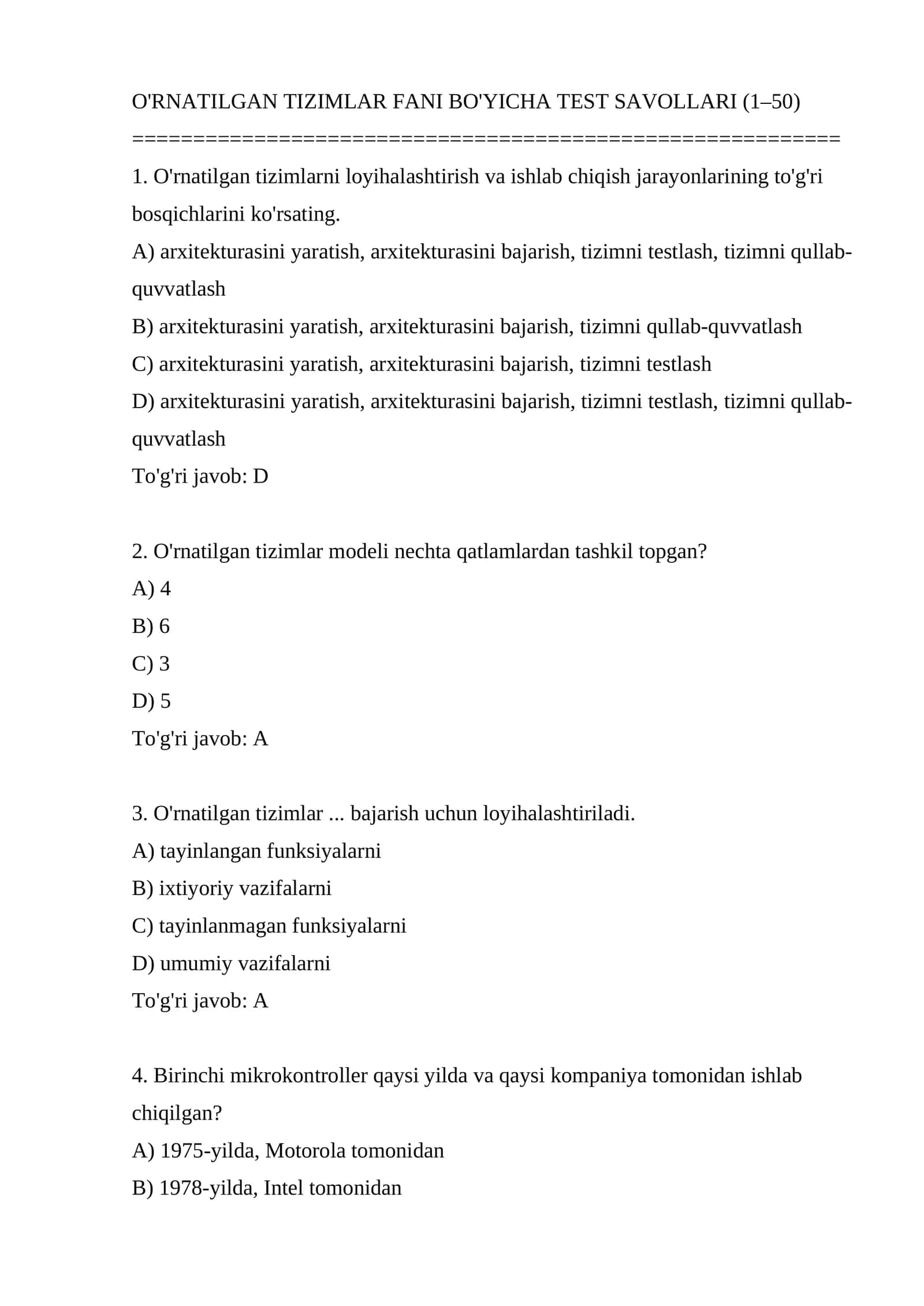 O'Rnatilgan Tizimlar Fani Bo'yicha Test Savollari 1