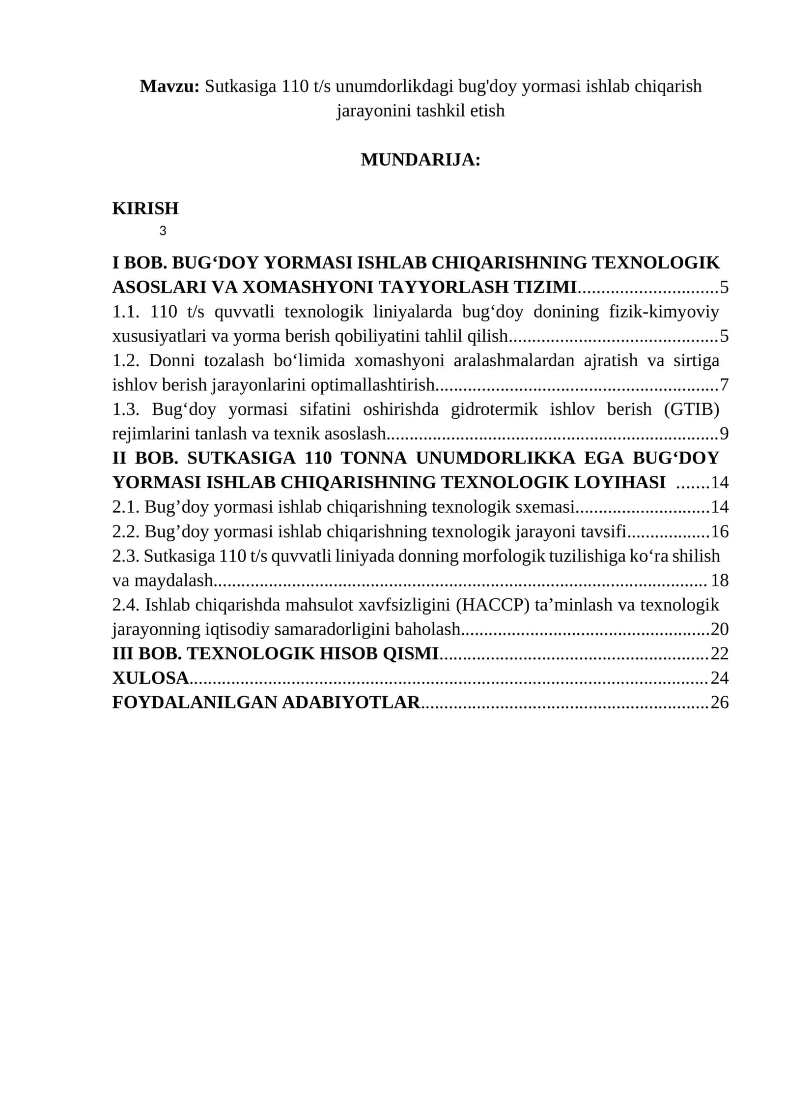 Sutkasiga 110 t/s unumdorlikdagi bug'doy yormasi ishlab chiqarish jarayonini tashkil etish 1