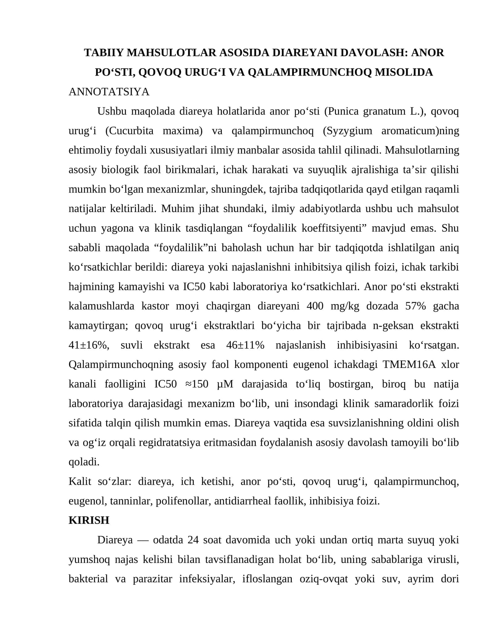 TABIIY MAHSULOTLAR ASOSIDA DIAREYANI DAVOLASH: ANOR PO‘STI, QOVOQ URUG‘I VA QALAMPIRMUNCHOQ MISOLIDA 1
