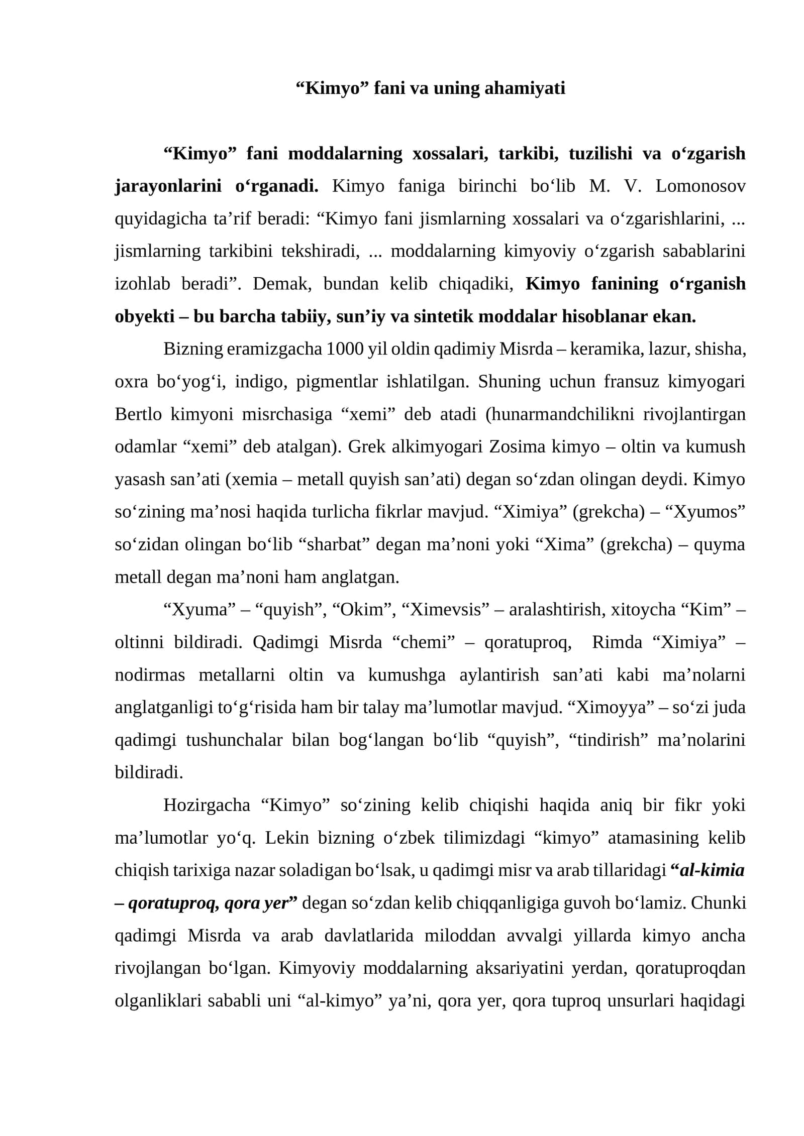 Kimyo fani va uning ahamiyati 1