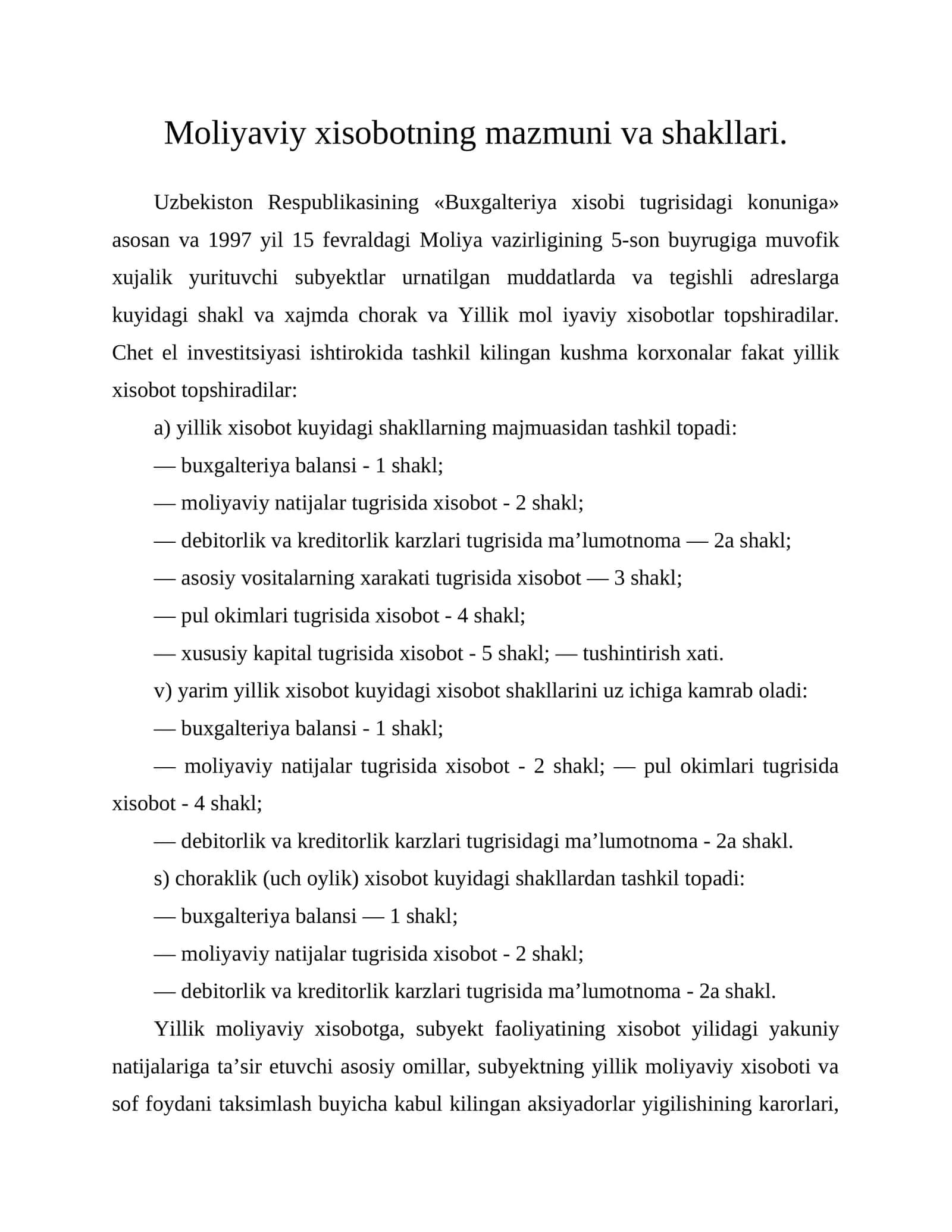 Moliyaviy xisobotning mazmuni va shakllari 1