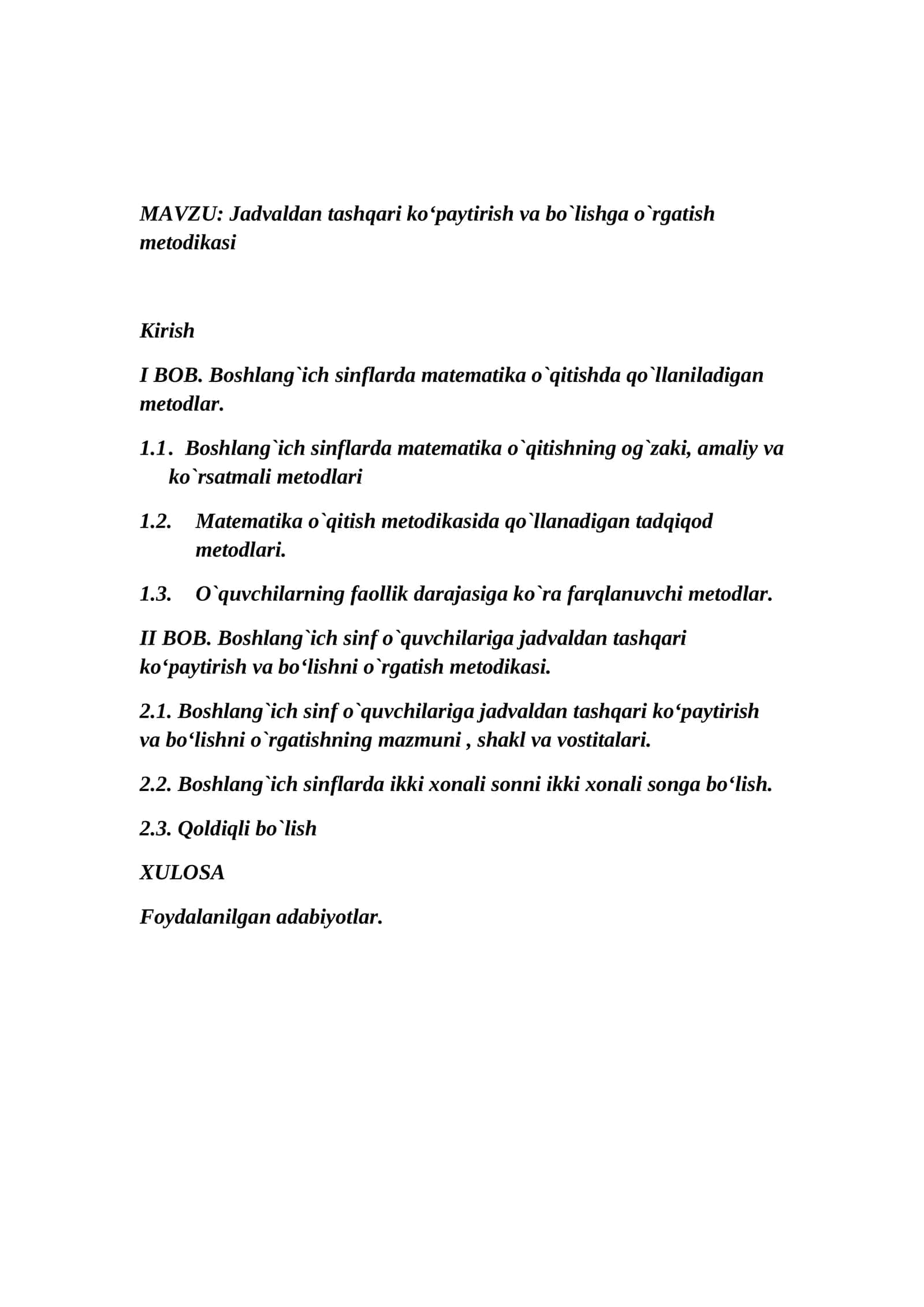 Jadvaldan tashqari ko‘paytirish va bo`lishga o`rgatish metodikasi 1