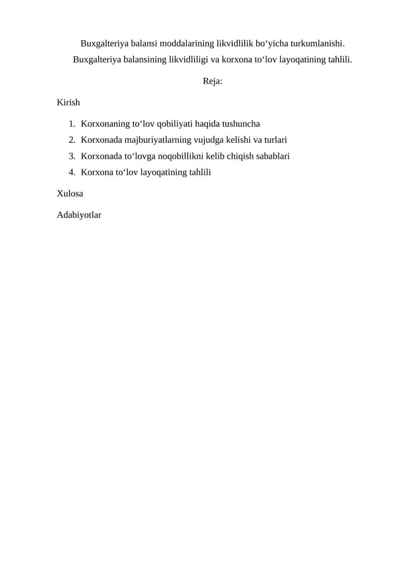 Buxgalteriya balansi moddalarining likvidlilik bo‘yicha turkumlanishi 1