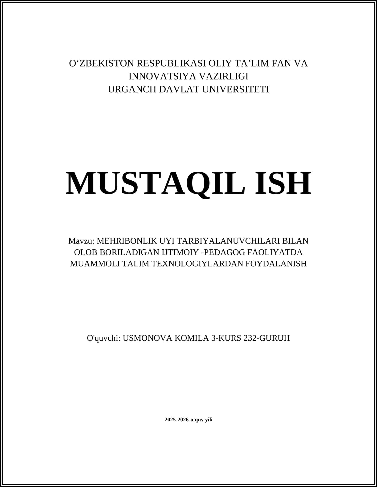 MEHRIBONLIK UYI TARBIYALANUVCHILARI BILAN OLOB BORILADIGAN IJTIMOIY -PEDAGOG FAOLIYATDA MUAMMOLI TALIM TEXNOLOGIYLARDAN FOYDALANISH 1