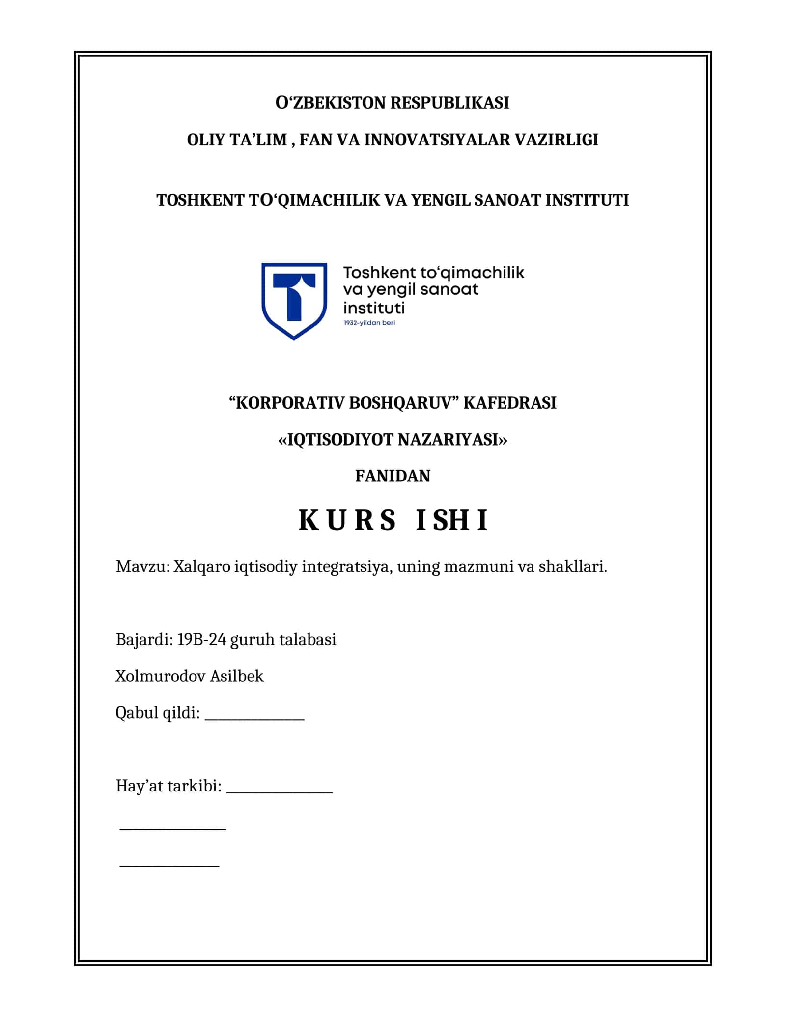Xalqaro iqtisodiy integratsiya 1