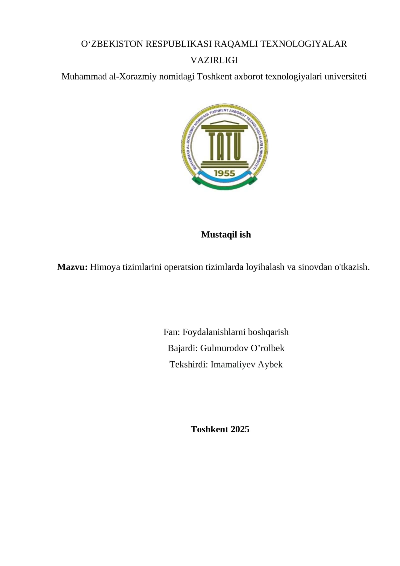 Operatsion tizimlarda himoya tizimlarini operatsion tizimlarda loyihalash va sinovdan o'tkazish 1