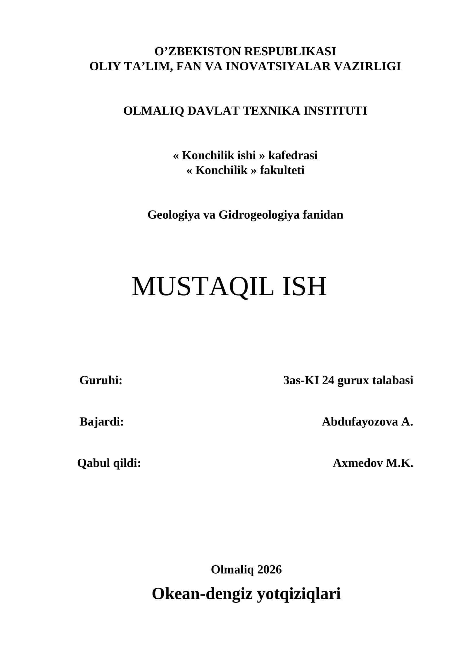 Geologiya va Gidrogeologiya fanidan MUSTAQIL ISH 1