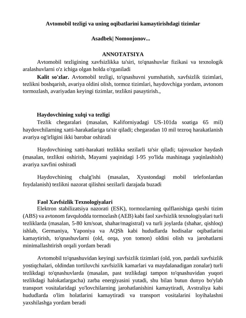Avtomobil tezligi va uning oqibatlarini kamaytirishdagi tizimlar 1