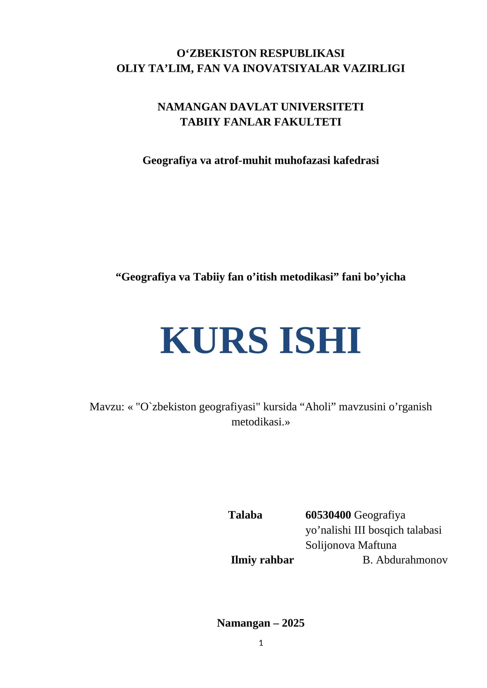 Oʻzbekiston geografiyasi kursida “Aholi” mavzusini o’rganish metodikasi 1
