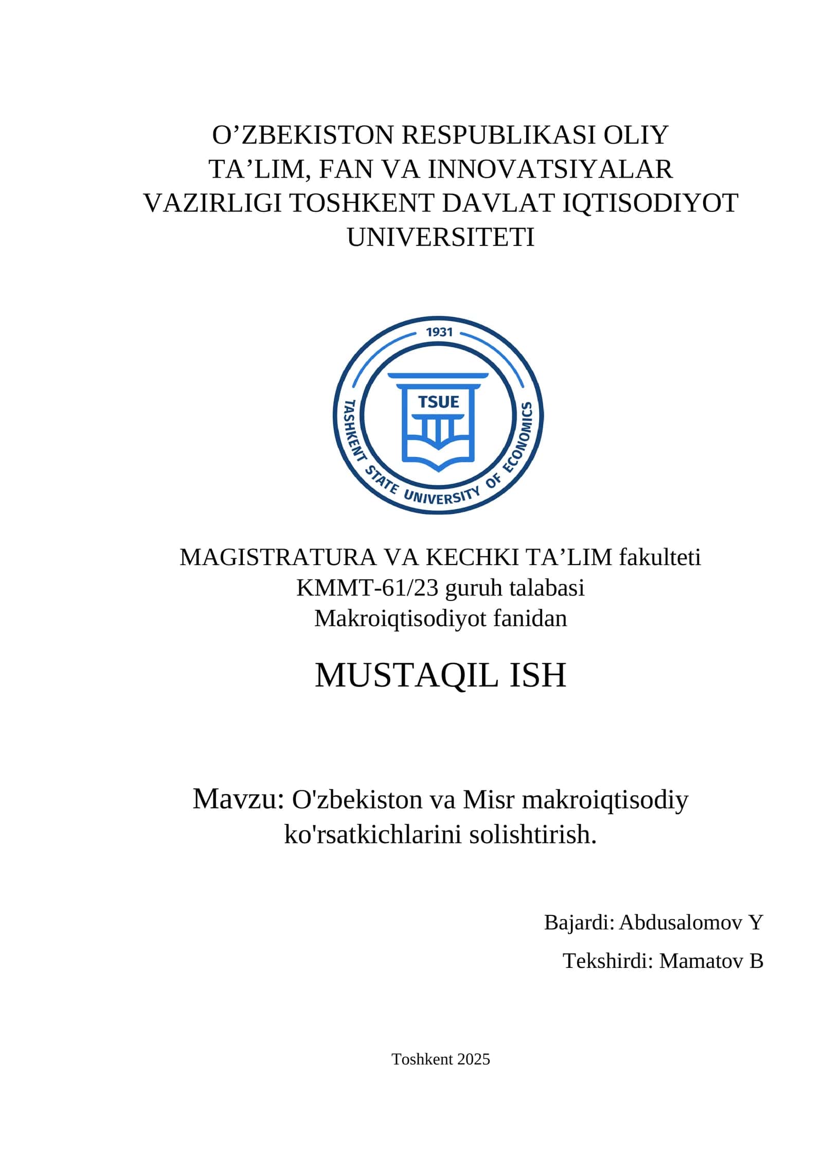 O'zbekiston va Misr makroiqtisodiy ko'rsatkichlarini solishtirish 1