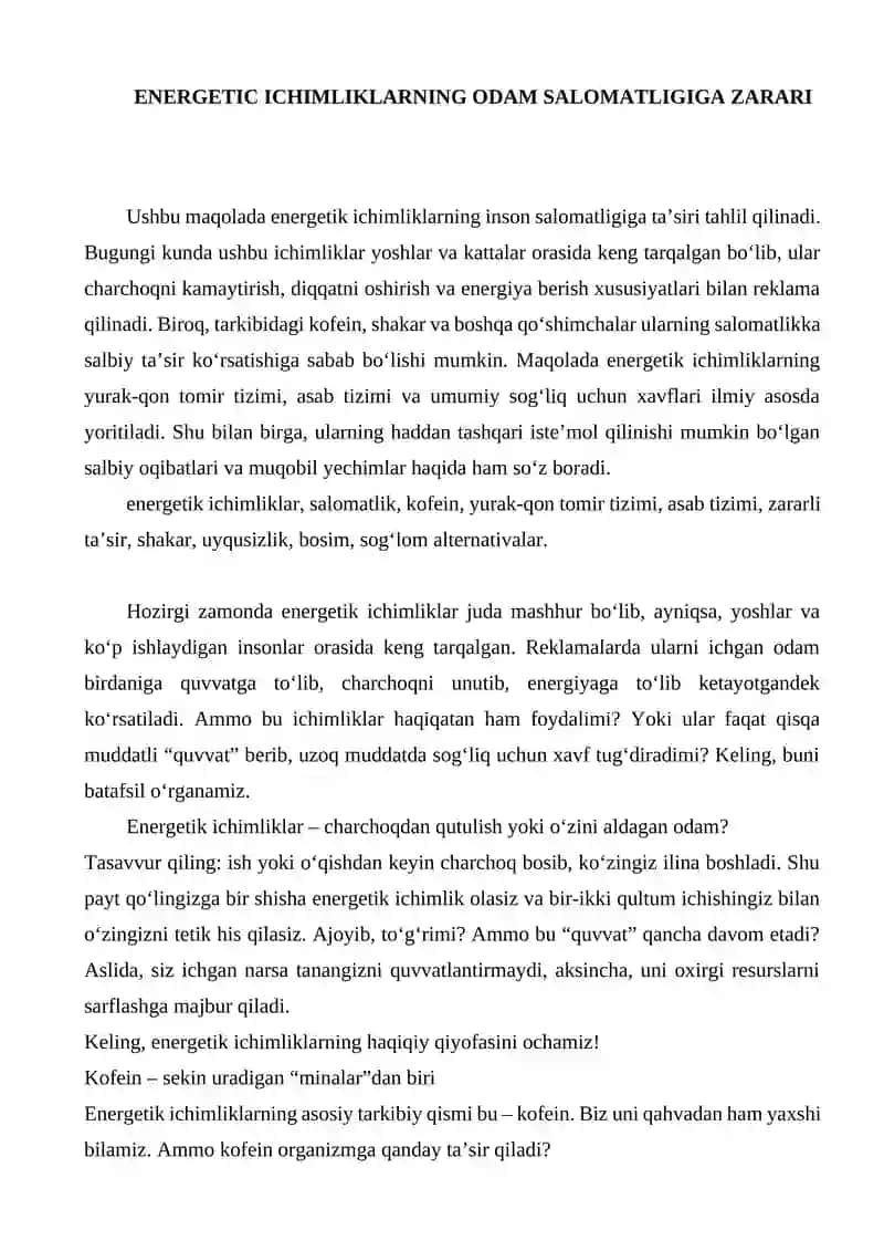 ENERGETIC ICHIMLIKLARNING ODAM SALOMATLIGIGA ZARARI