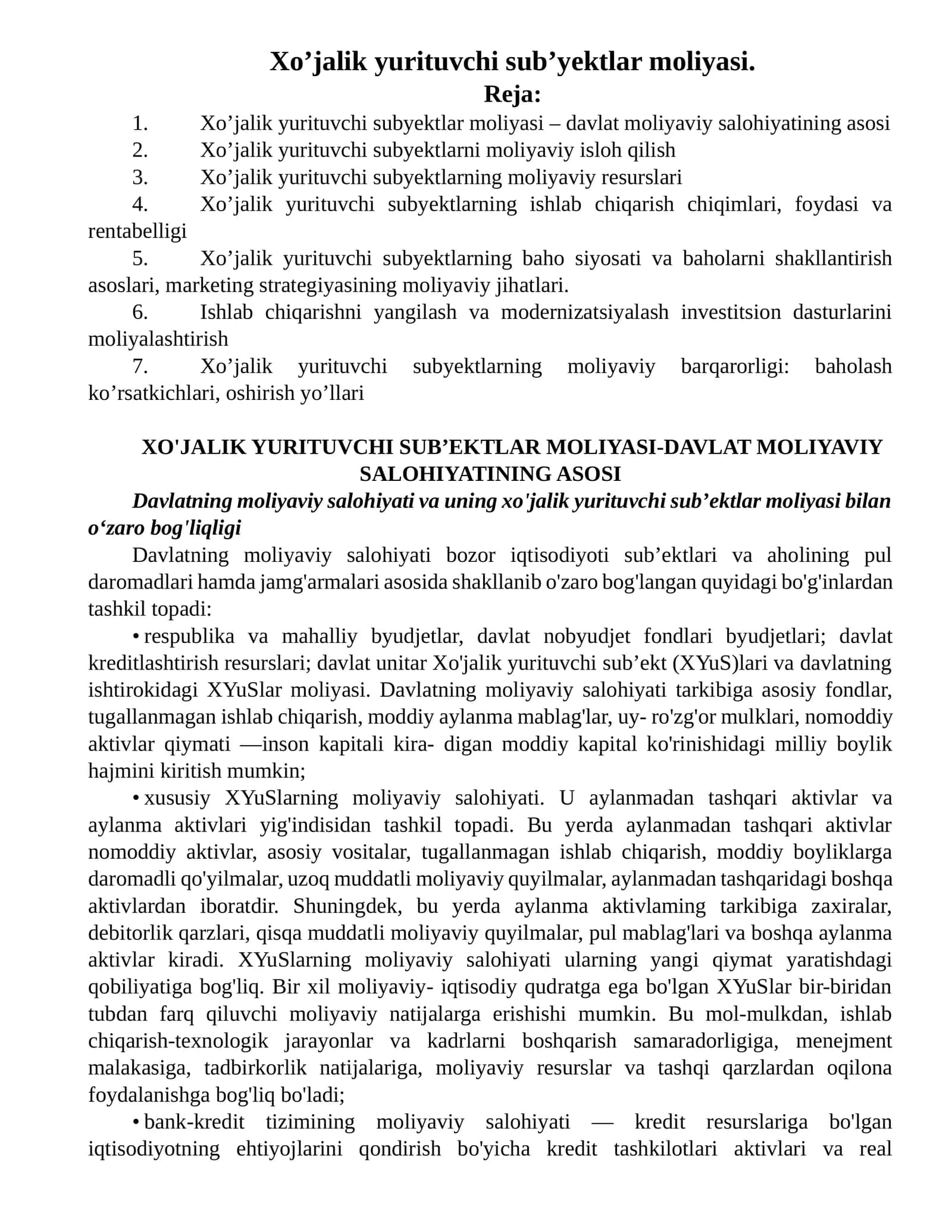 XO'JALIK YURITUVCHI SUB’EKTLAR MOLIYASI-DAVLAT MOLIYAVIY SALOHIYATINING ASOSI 1