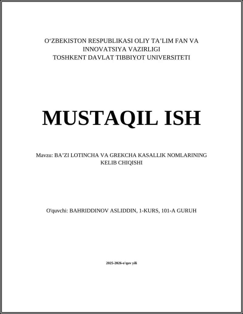 BAʼZI LOTINCHA VA GREKCHA KASALLIK NOMLARINING KELIB CHIQISHI 1