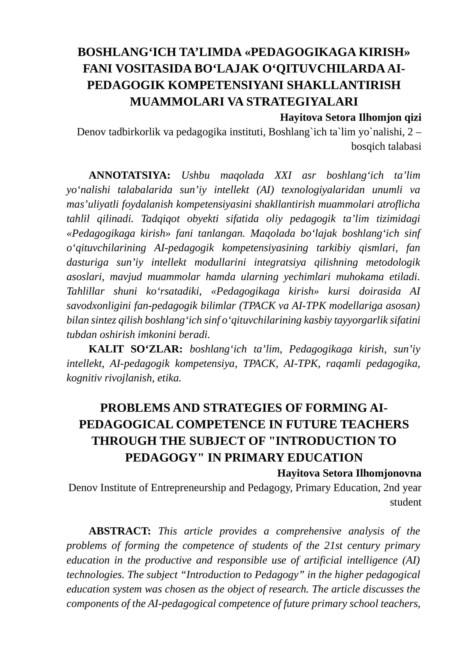 Boshlang‘ich ta’limda «Pedagogikaga Kirish» fani vositasida bo‘lajak o‘qituvchilarda AI-Pedagogik kompetensiyani shakllantirish muammolari va strategiyalari 1