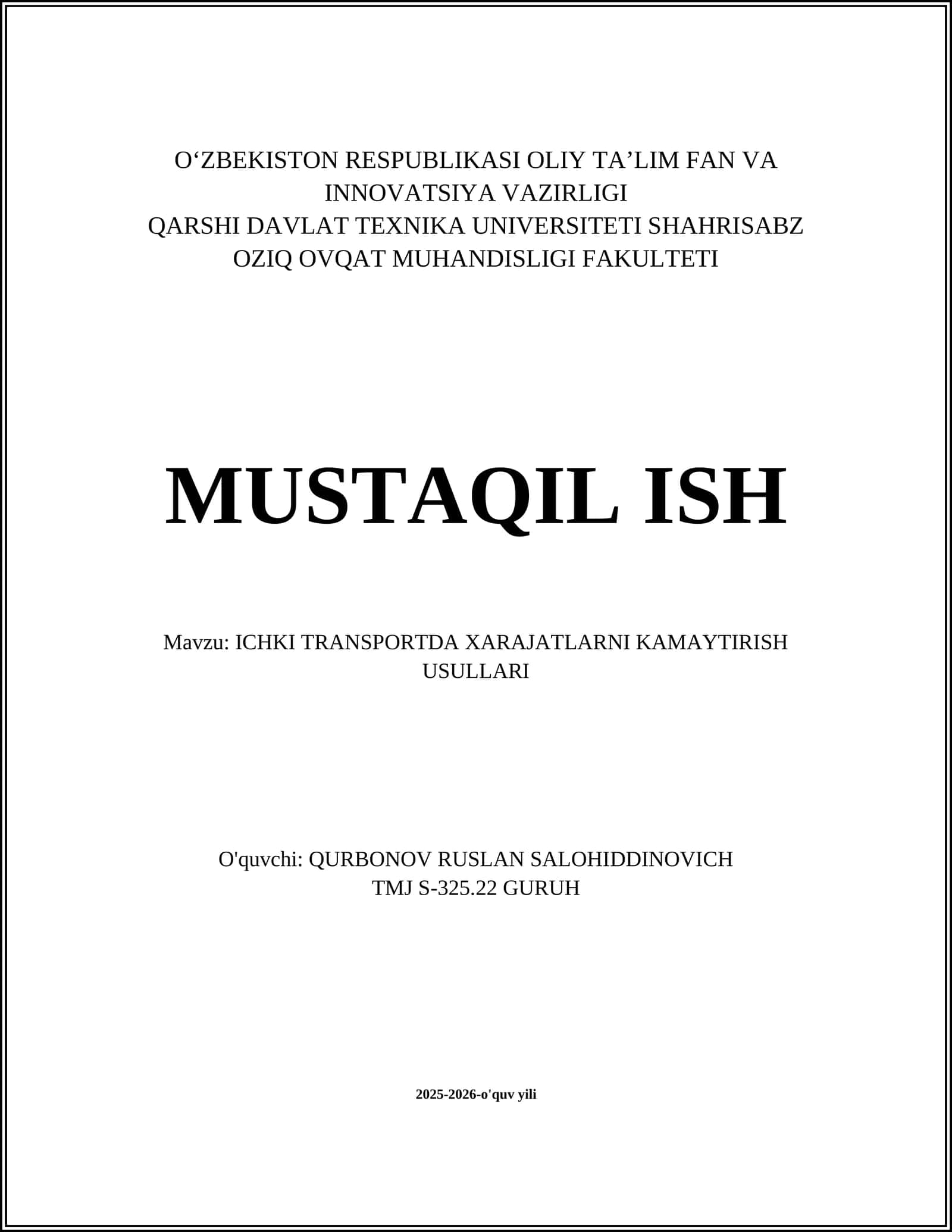 ICHKI TRANSPORTDA XARAJATLARNI KAMAYTIRISH USULLARI 1