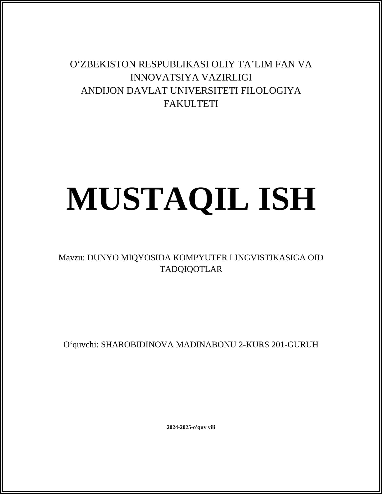 DUNYO MIQYOSIDA KOMPYUTER LINGVISTIKASIGA OID TADQIQOTLAR 1