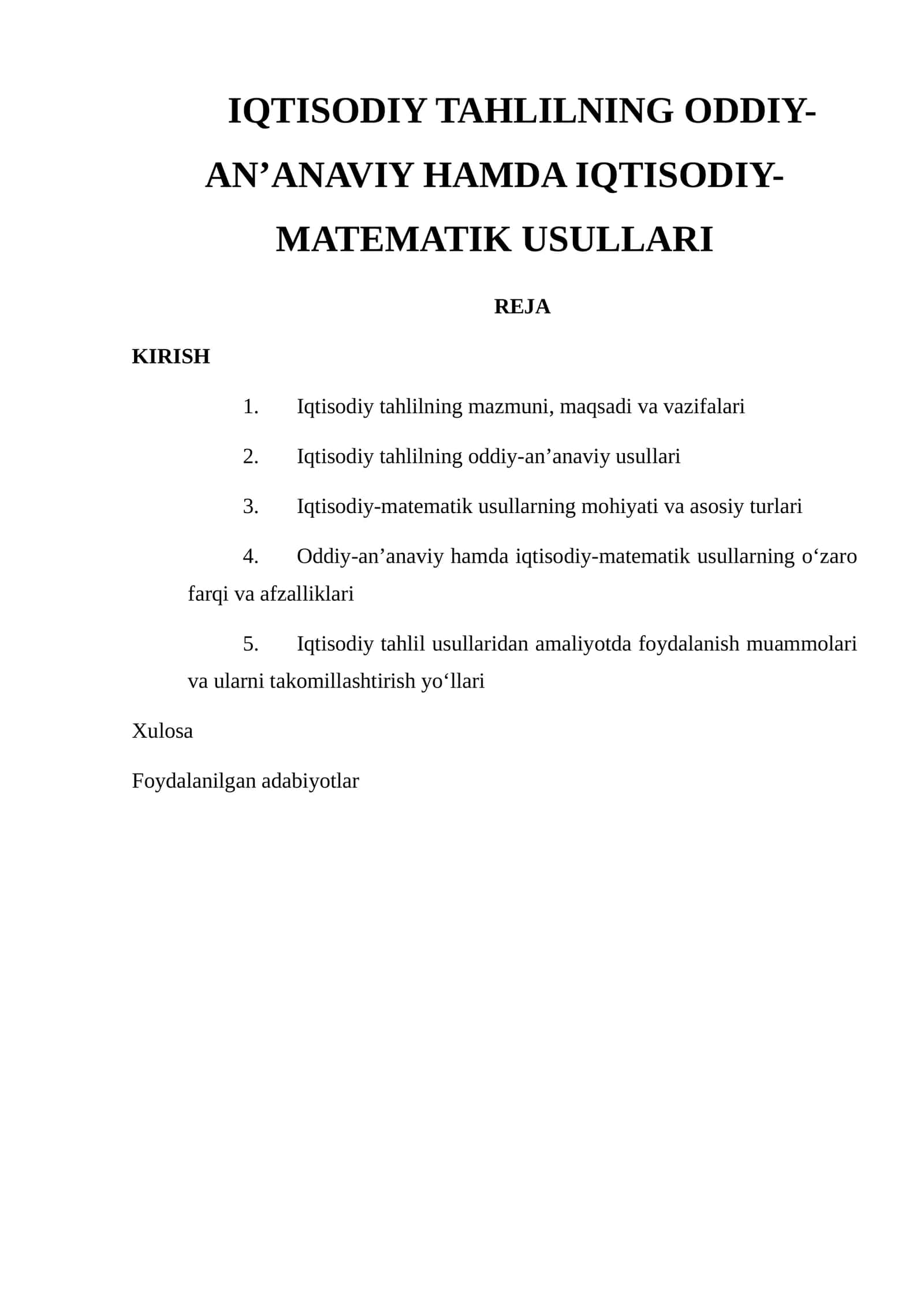 IQTISODIY TAHLILNING ODDIY-AN’ANAVIY HAMDA IQTISODIY-MATEMATIK USULLARI 1