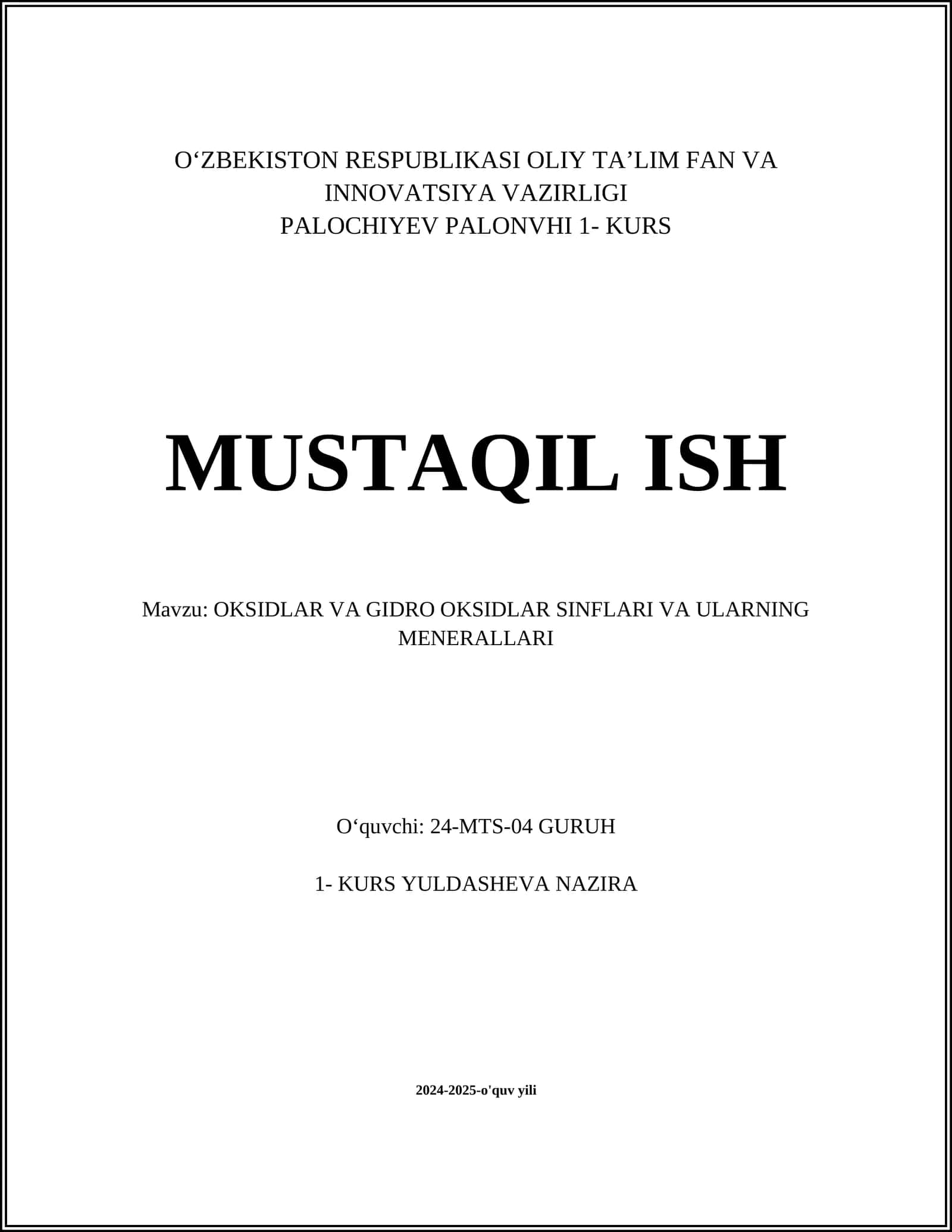 OKSIDLAR VA GIDRO OKSIDLAR SINFLARI VA ULARNING MENERALLARI 1