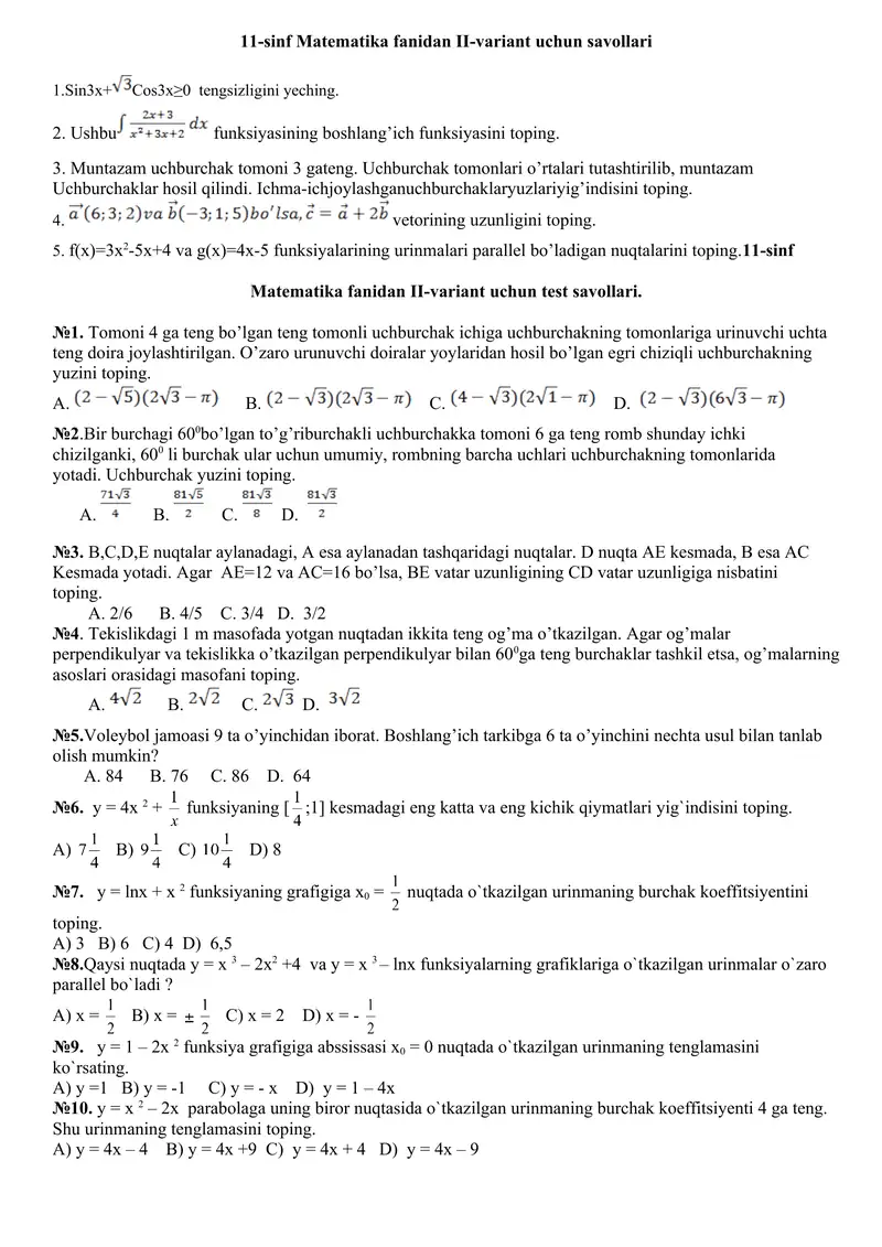 Matematikadan Olimpiada savollari 1