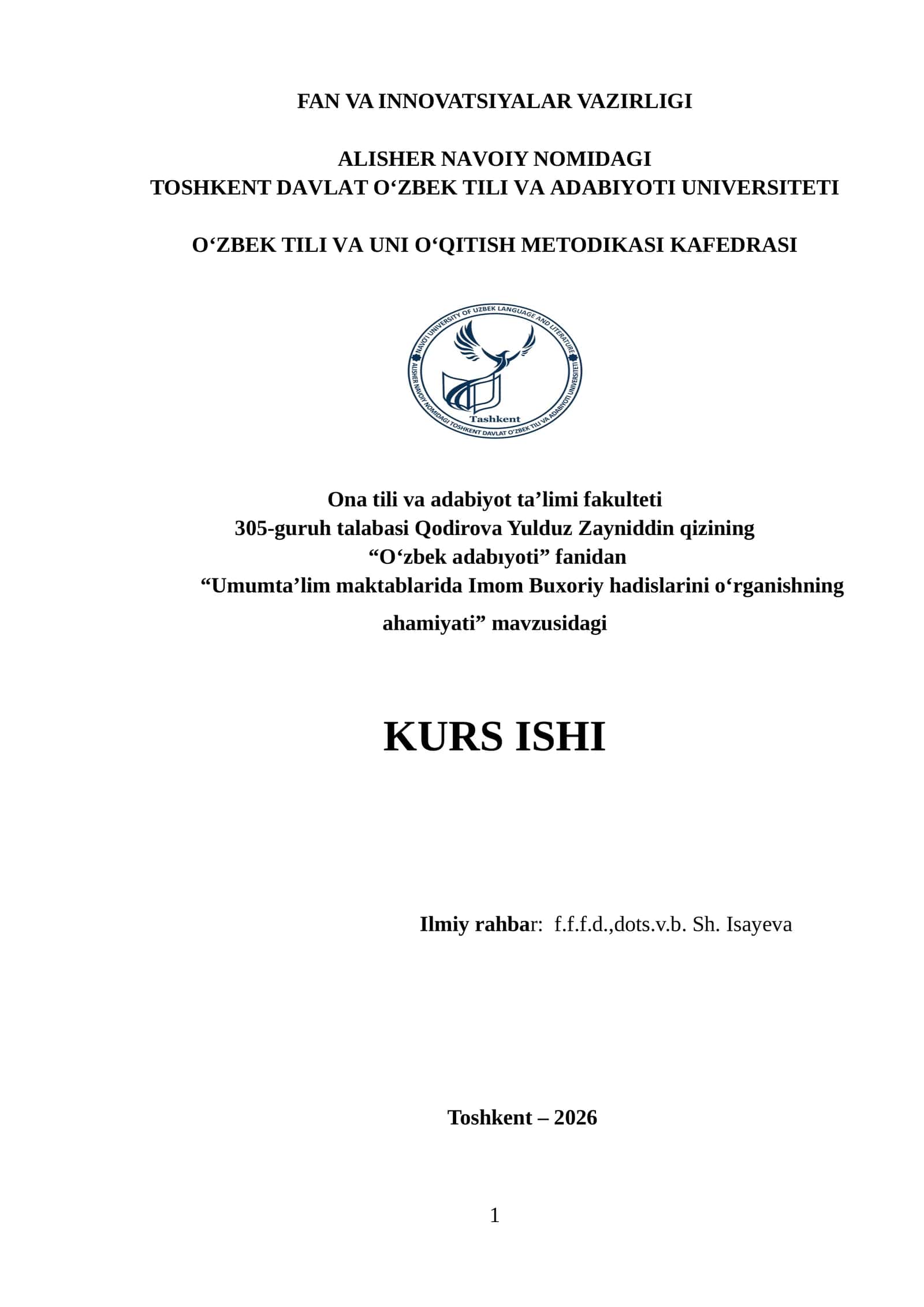 “Umumta’lim maktablarida Imom Buxoriy hadislarini o‘rganishning ahamiyati” mavzusidagi KURS ISHI 1