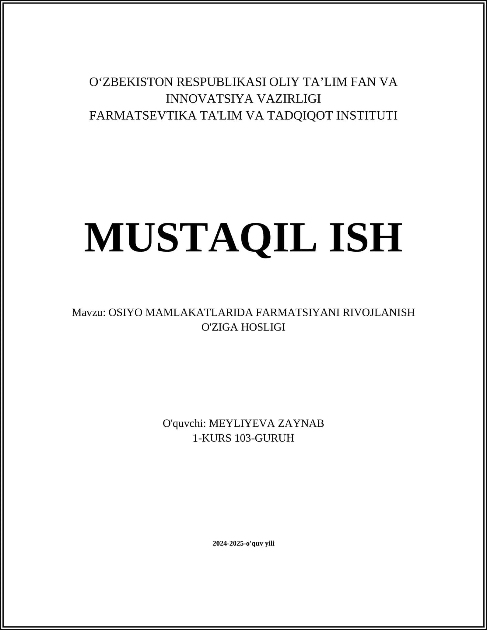 OSIYO MAMLAKATLARIDA FARMATSIYANI RIVOJLANISH O'ZIGA HOSLIGI 1