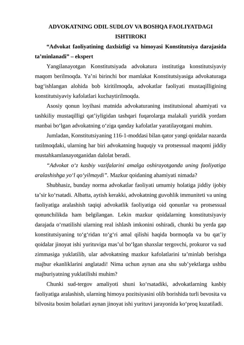 Advokatning Odil Sudlov va Boshqa Faoliyatdagi Ishtiroki 1