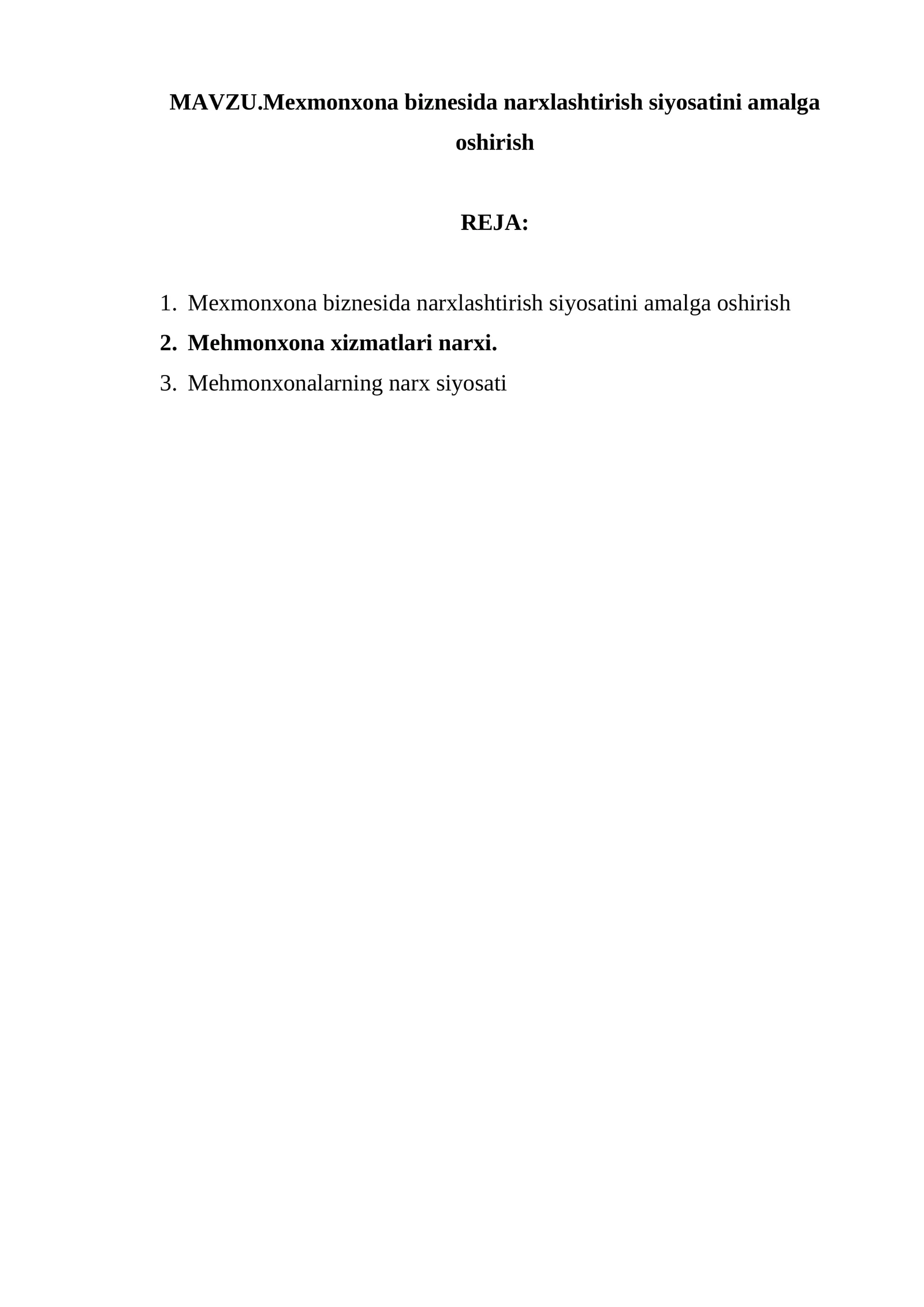 Mehmonxona biznesida narxlashtirish siyosatini amalga oshirish 1