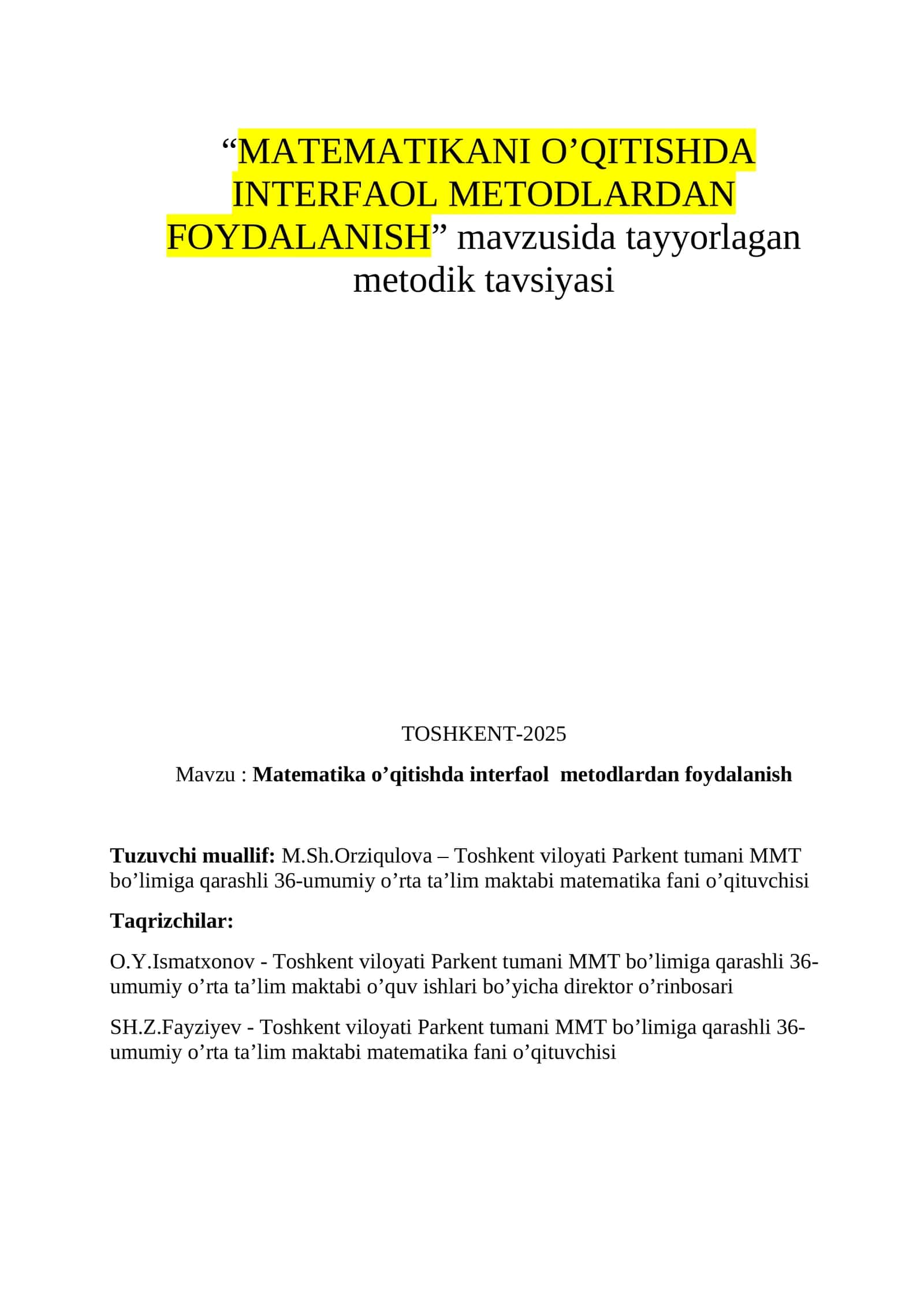 Matematikani O’qitishda Interfaol Metodlardan Foydalanish 1
