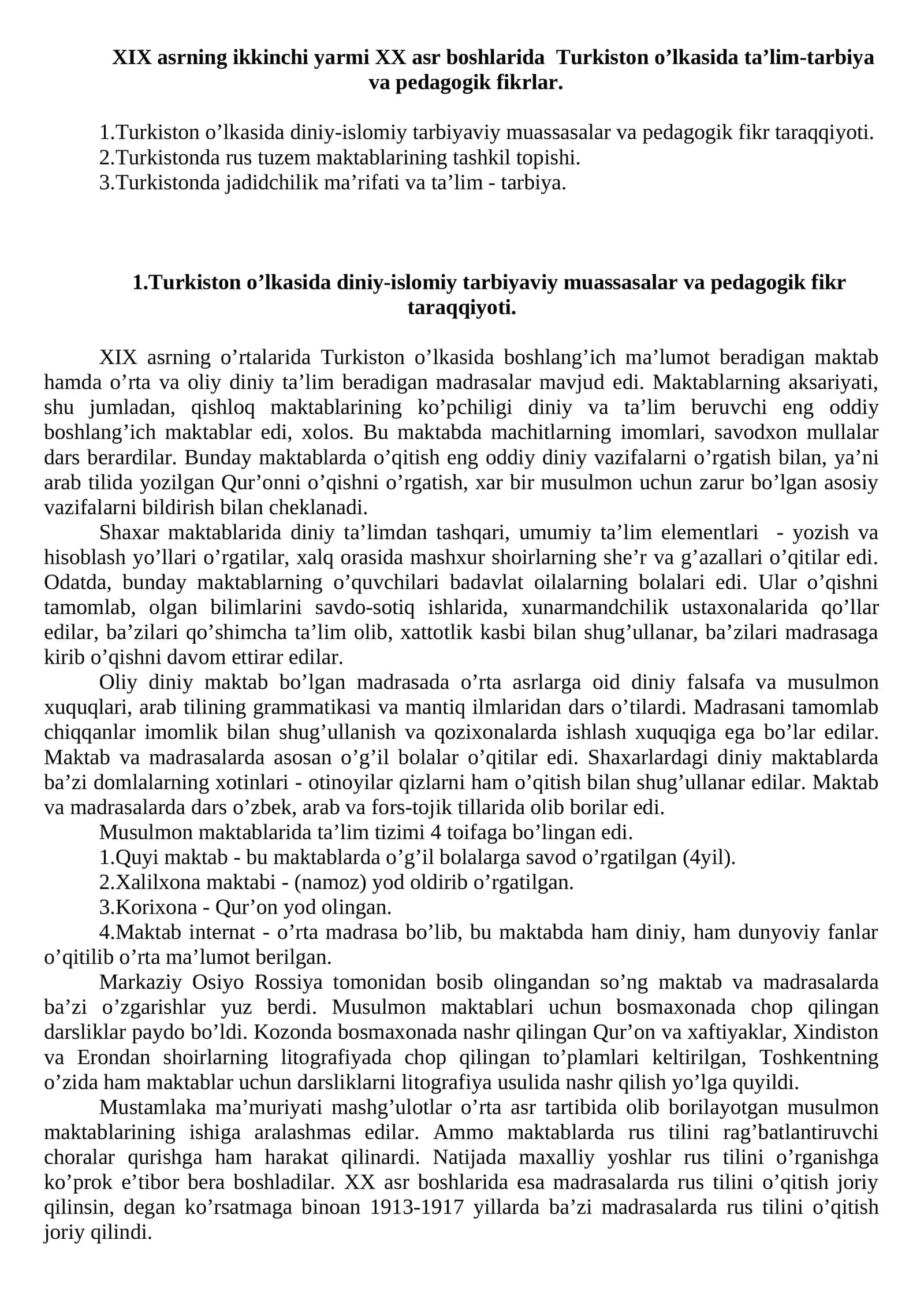 Turkiston o’lkasida ta’lim-tarbiya va pedagogik fikrlar 1