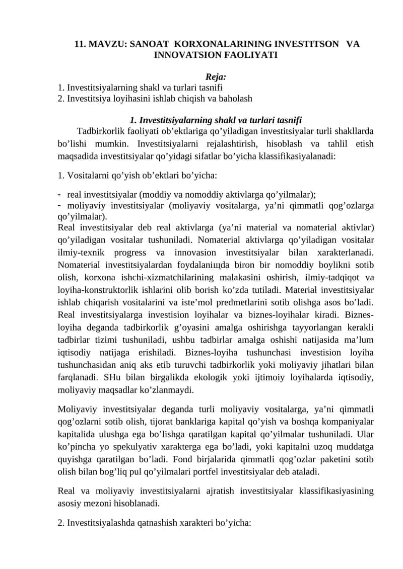 SANOAT KORXONALARINING INVESTITSON VA INNOVATSION FAOLIYATI 1