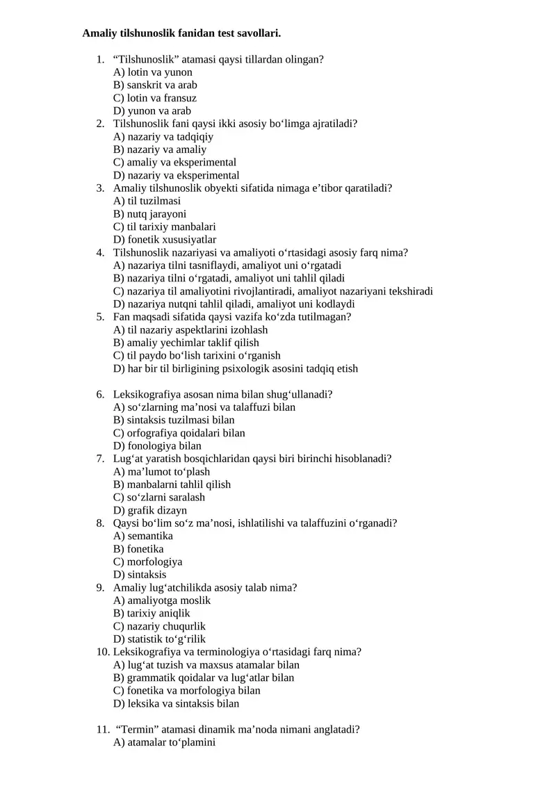 Amaliy tilshunoslik fanidan test savollari 1