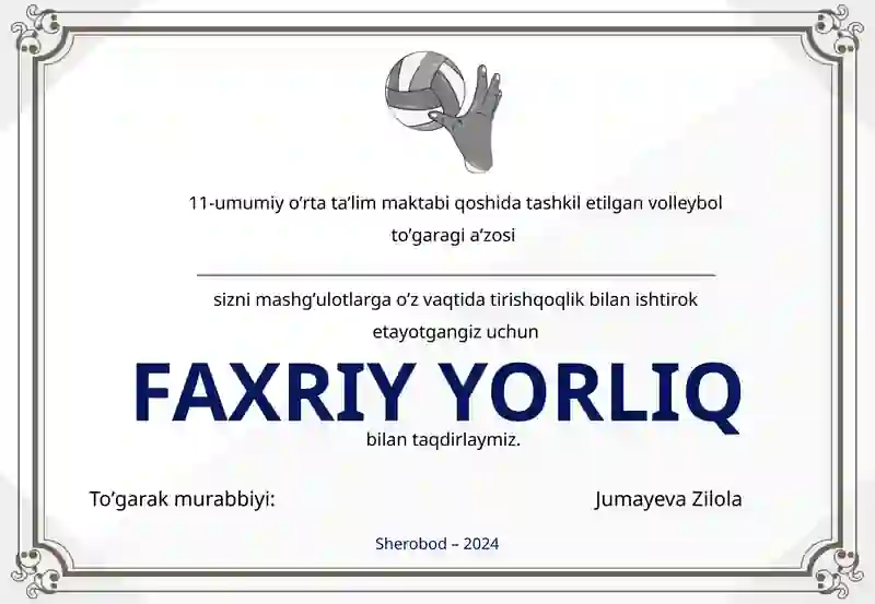 Voleybol toʻgaragi uchun faxriy yorliq