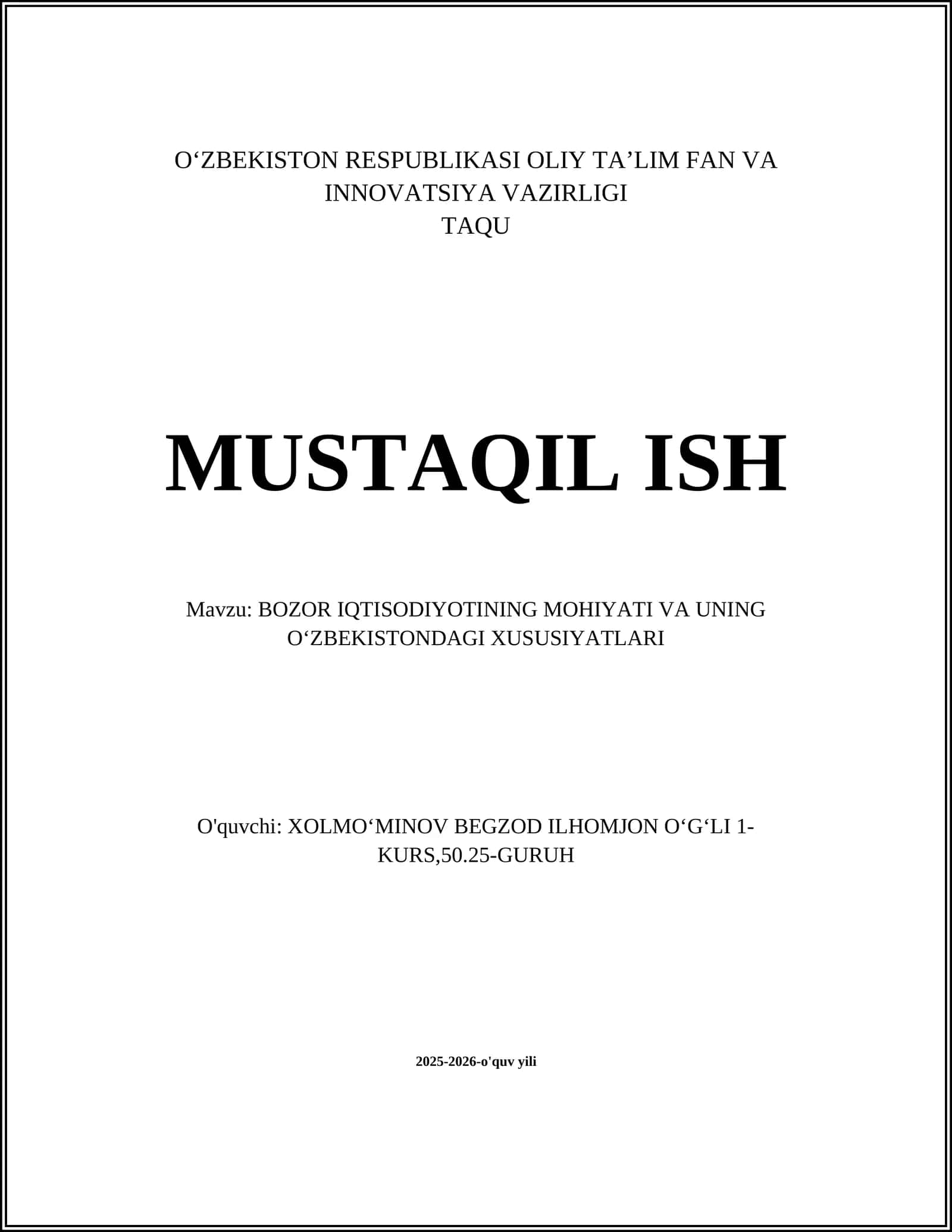BOZOR IQTISODIYOTINING MOHIYATI VA UNING OʻZBEKISTONDAGI XUSUSIYATLARI 1