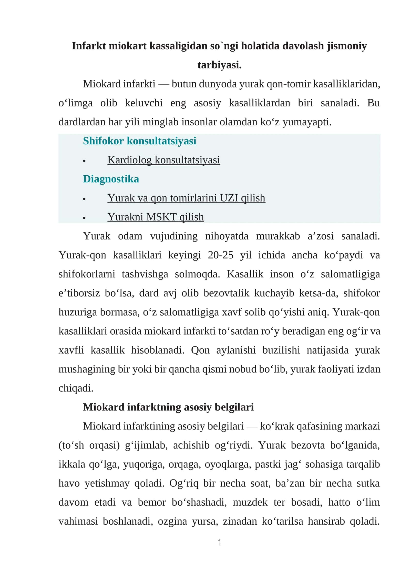 Infarkt miokart kassaligidan so`ngi holatida davolash jismoniy tarbiyasi 1