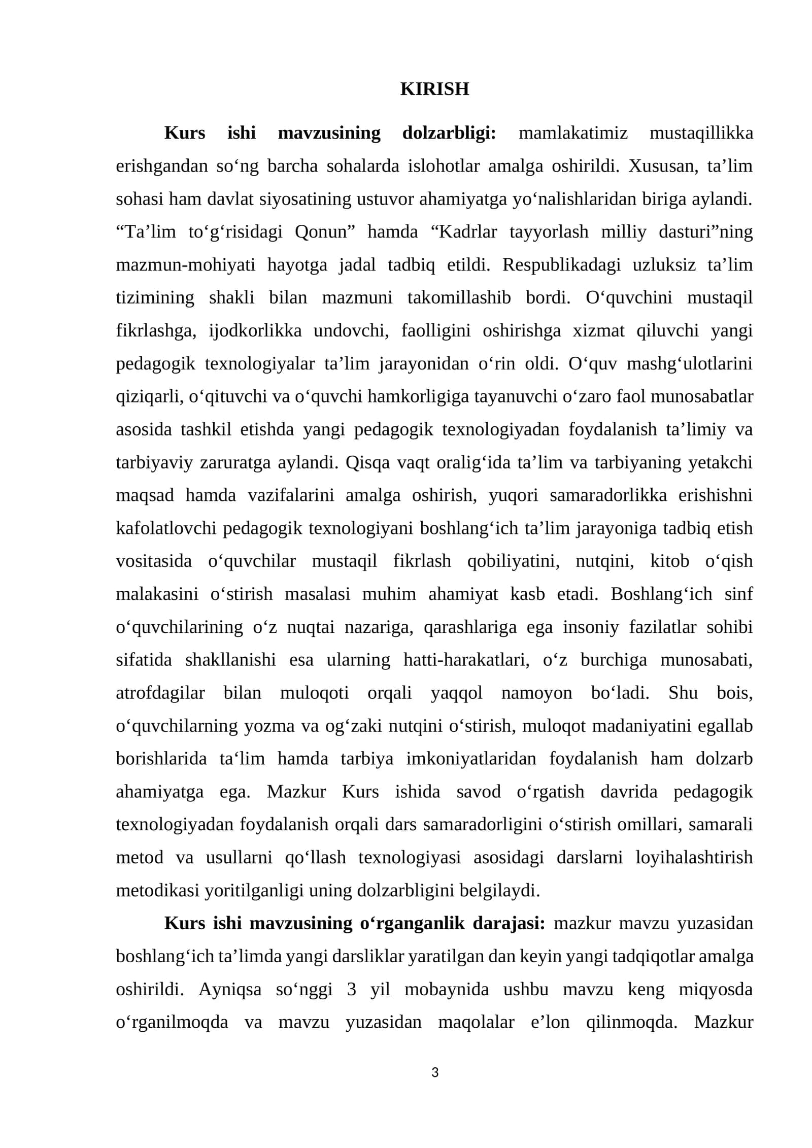 Kurs ishi mavzusi: Ta'limni rivojlantirishda pedagogik texnologiyalar 1