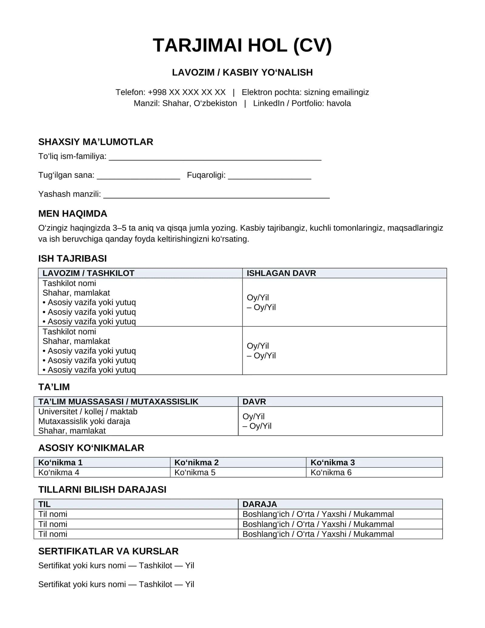 O‘zbek tilidagi zamonaviy CV va rezyume shabloni — Word formatida 1