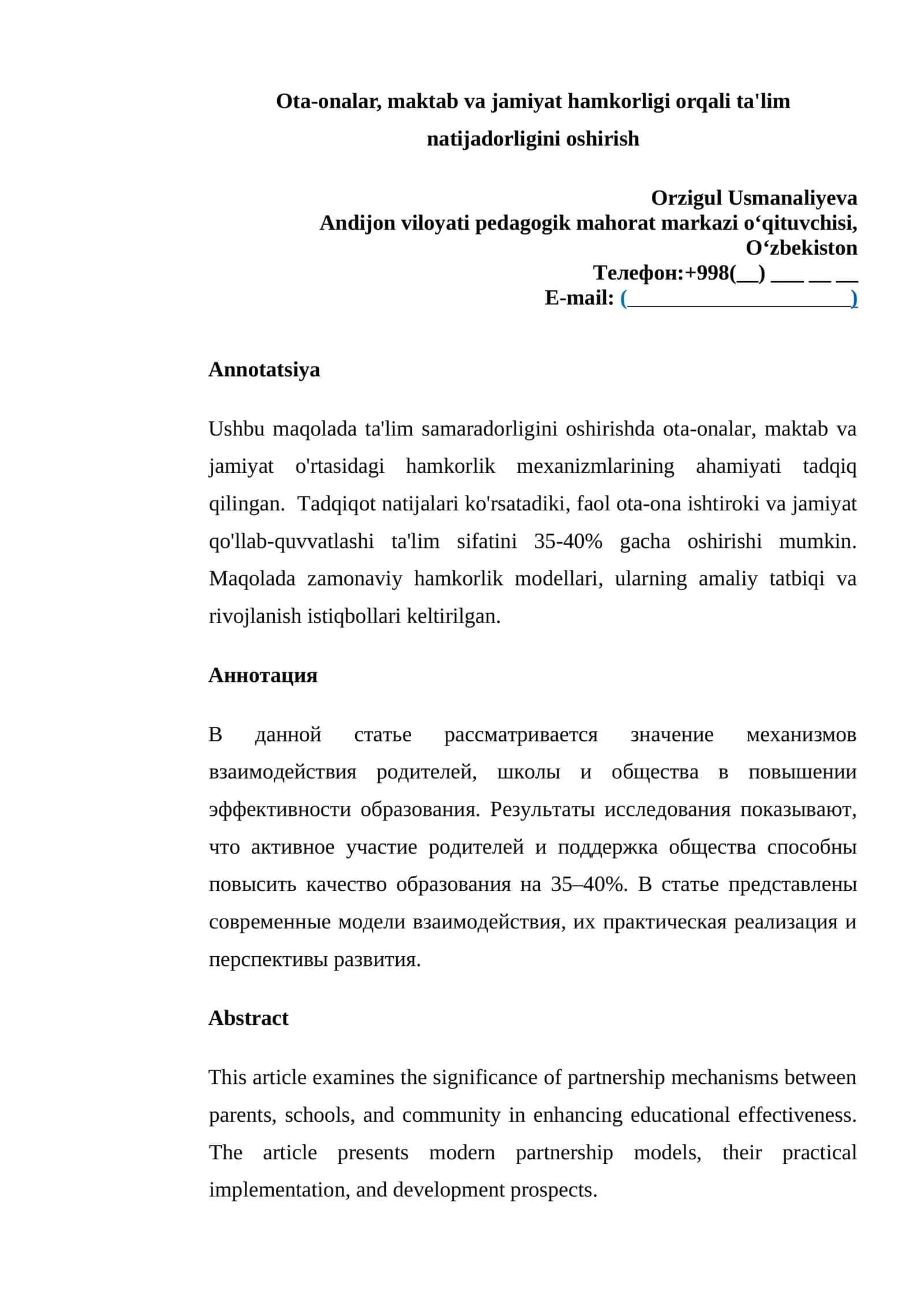 Ota-onalar, maktab va jamiyat hamkorligi orqali ta'lim natijadorligini oshirish 1
