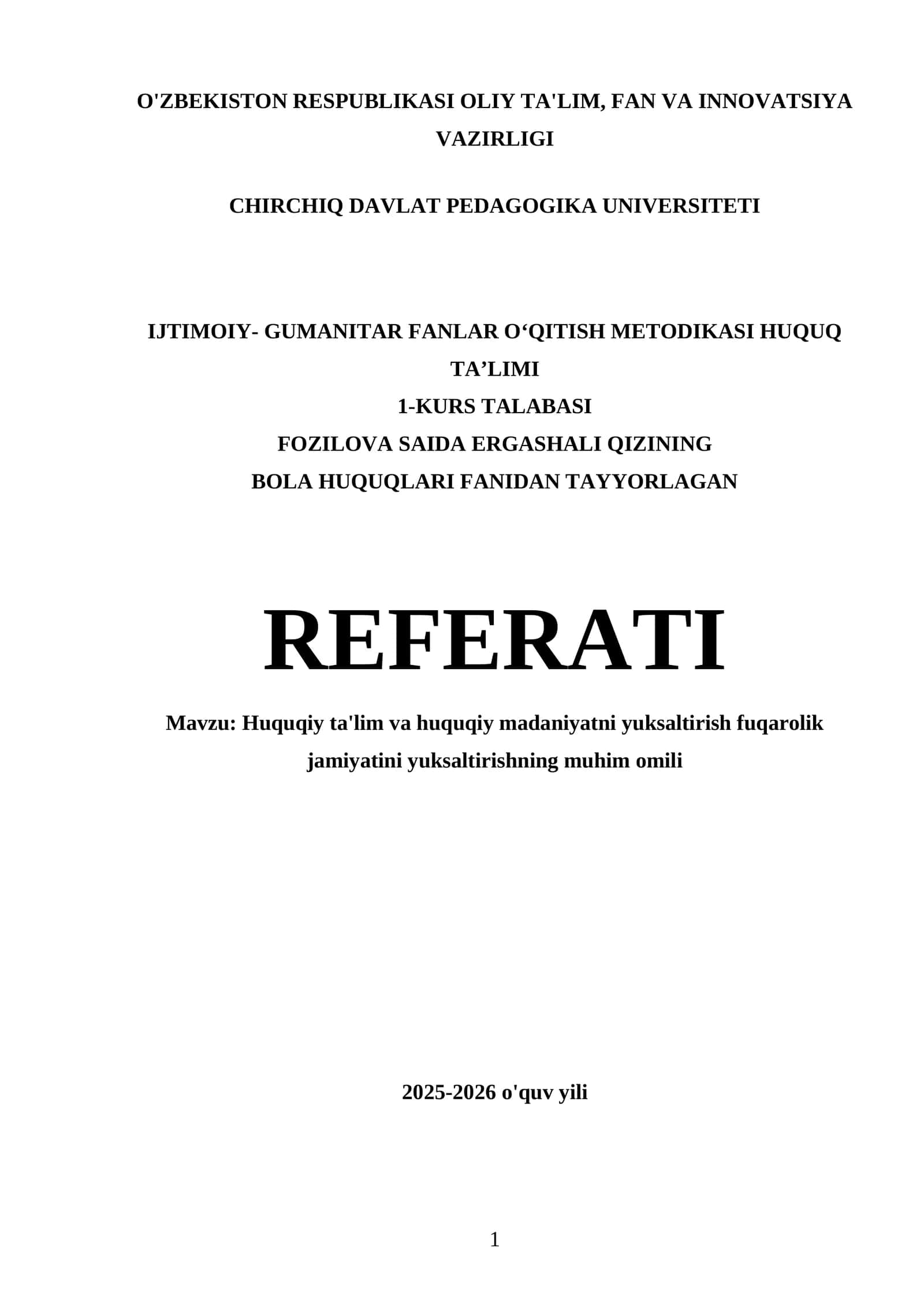 BOLA HUQUQLARI FANIDAN TAYYORLAGAN REFERATI 1