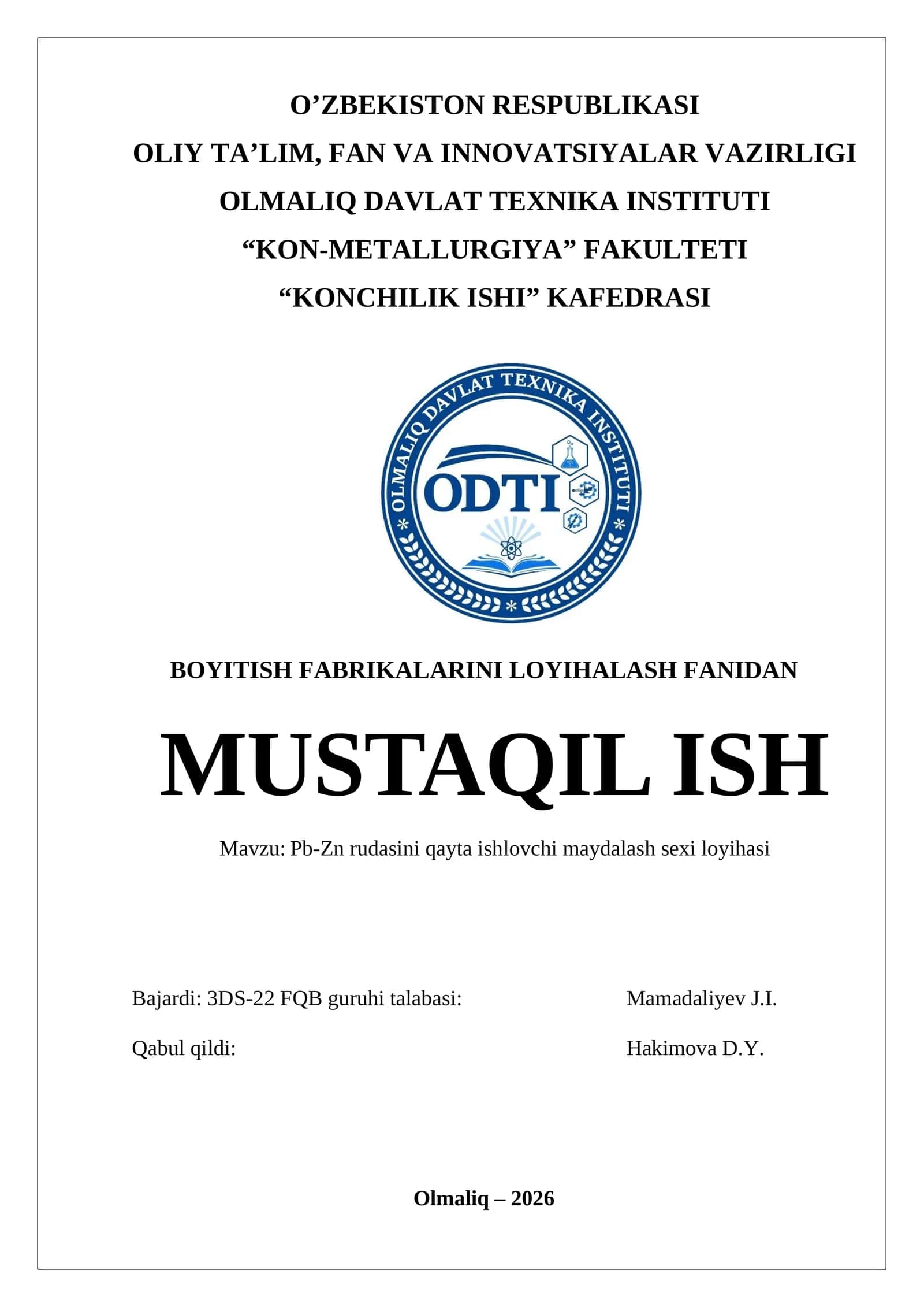 Pb-Zn rudasini qayta ishlovchi maydalash sexi loyihasi 1