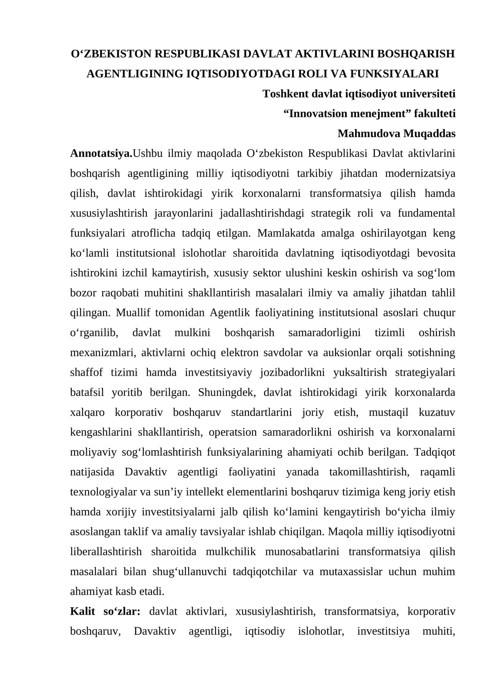 O'ZBEKISTON RESPUBLIKASI DAVLAT AKTIVLARINI BOSHQARISH AGENTLIGINING IQTISODIYOTDAGI ROLI VA FUNKSIYALARI 1