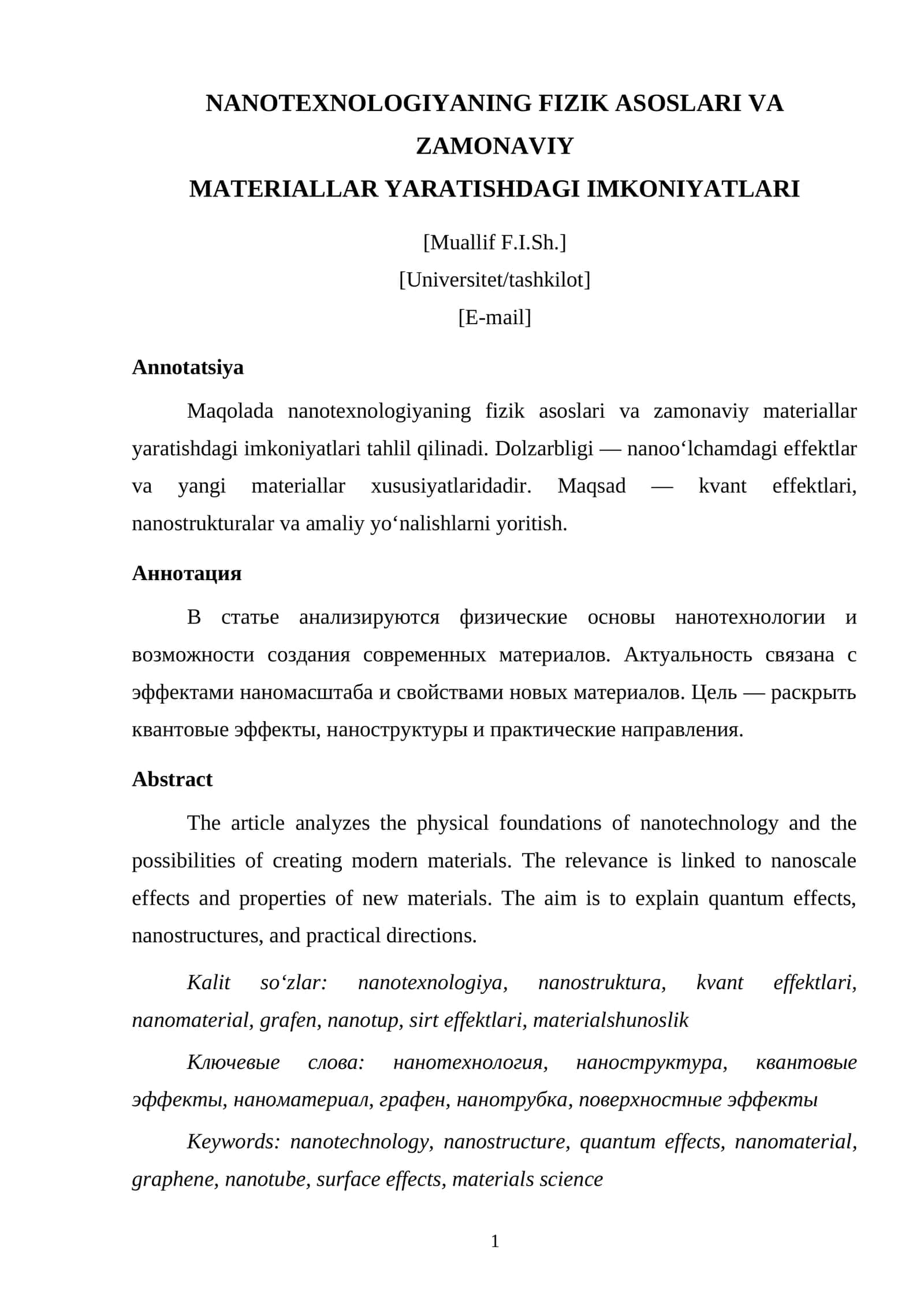 NANOTEXNOLOGIYANING FIZIK ASOSLARI VA ZAMONAVIY MATERIALLAR YARATISHDAGI IMKONIYATLARI 1