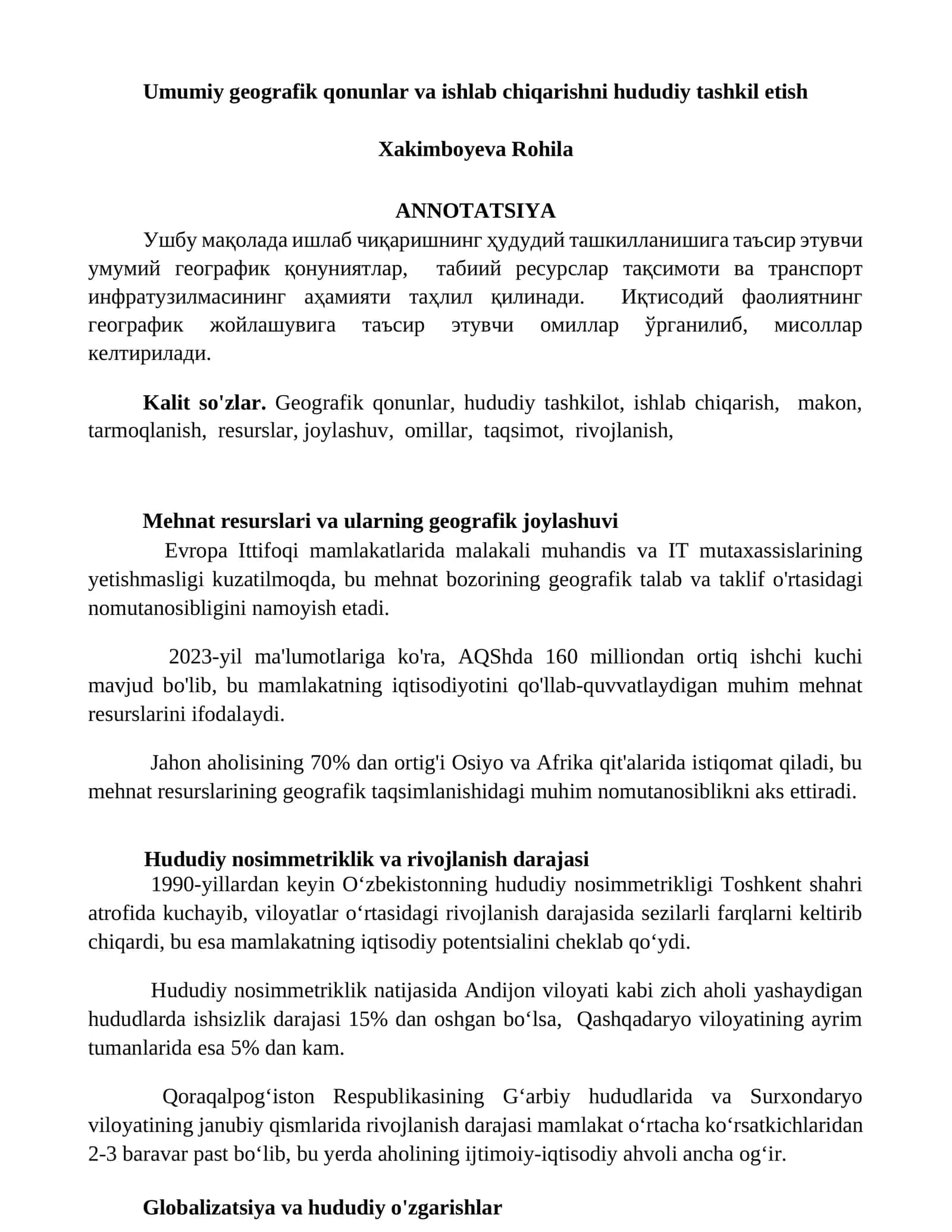 Umumiy geografik qonunlar va ishlab chiqarishni hududiy tashkil etish 1