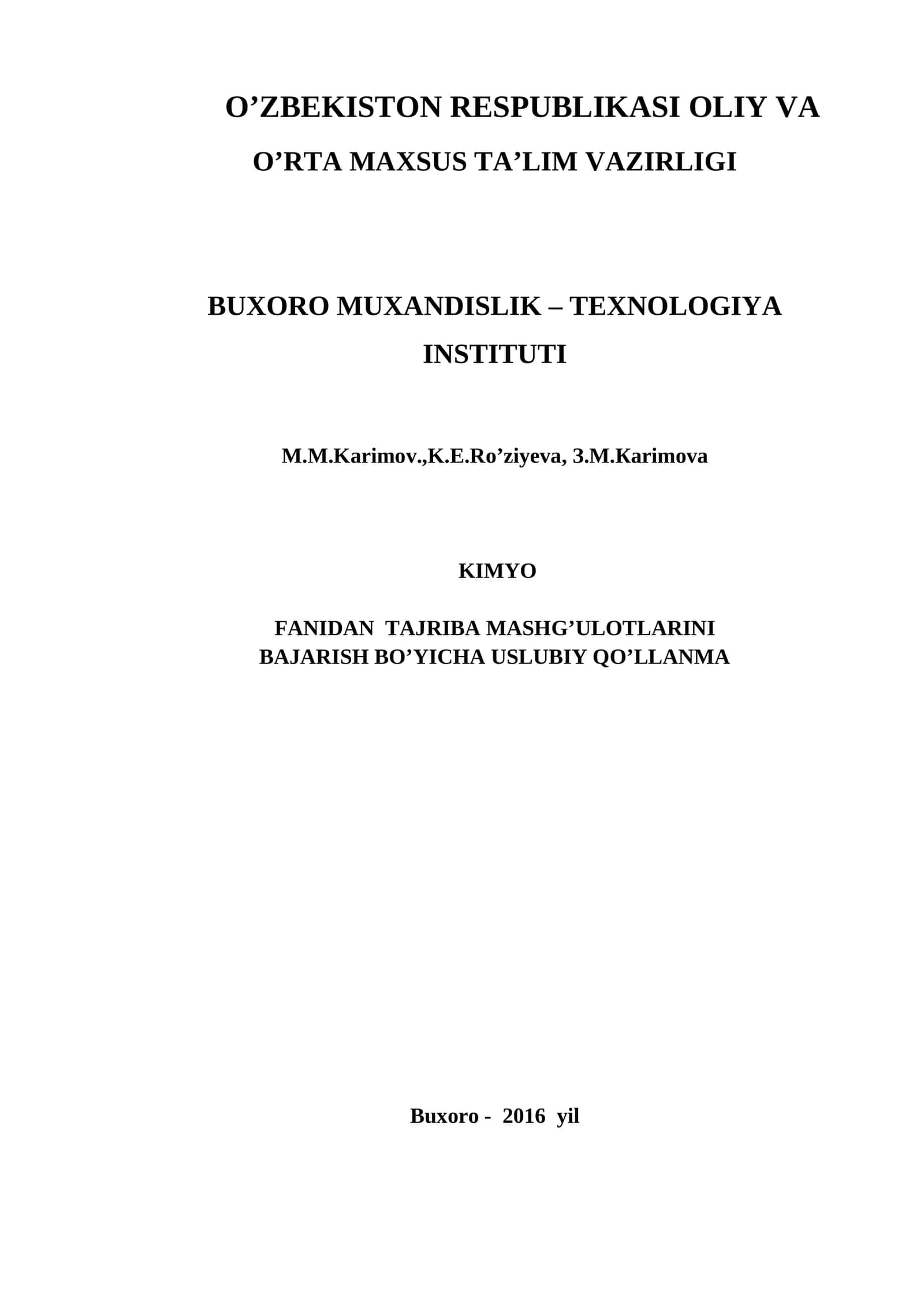 Umumiy va noorganik kimyo fanidan tajriba mashg’ulotlarini bajarish bo’yicha uslubiy qo’llanma 1