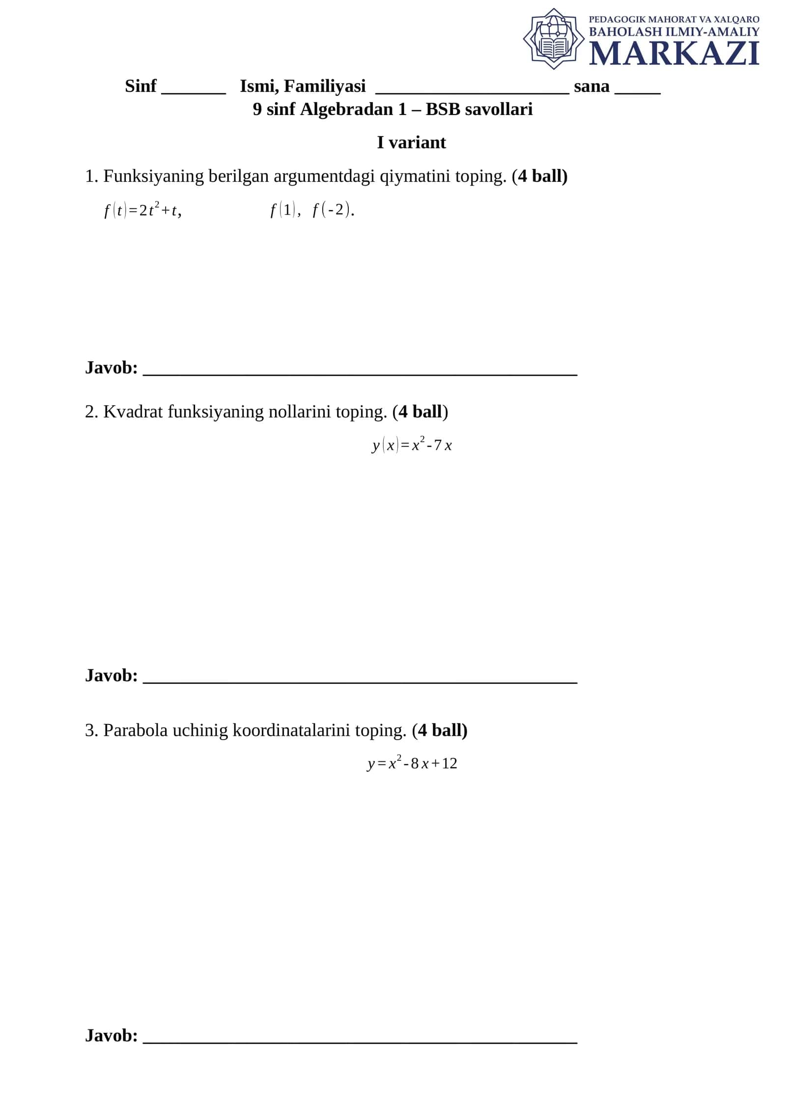 9 sinf Algebradan 1 - BSB savollari 1